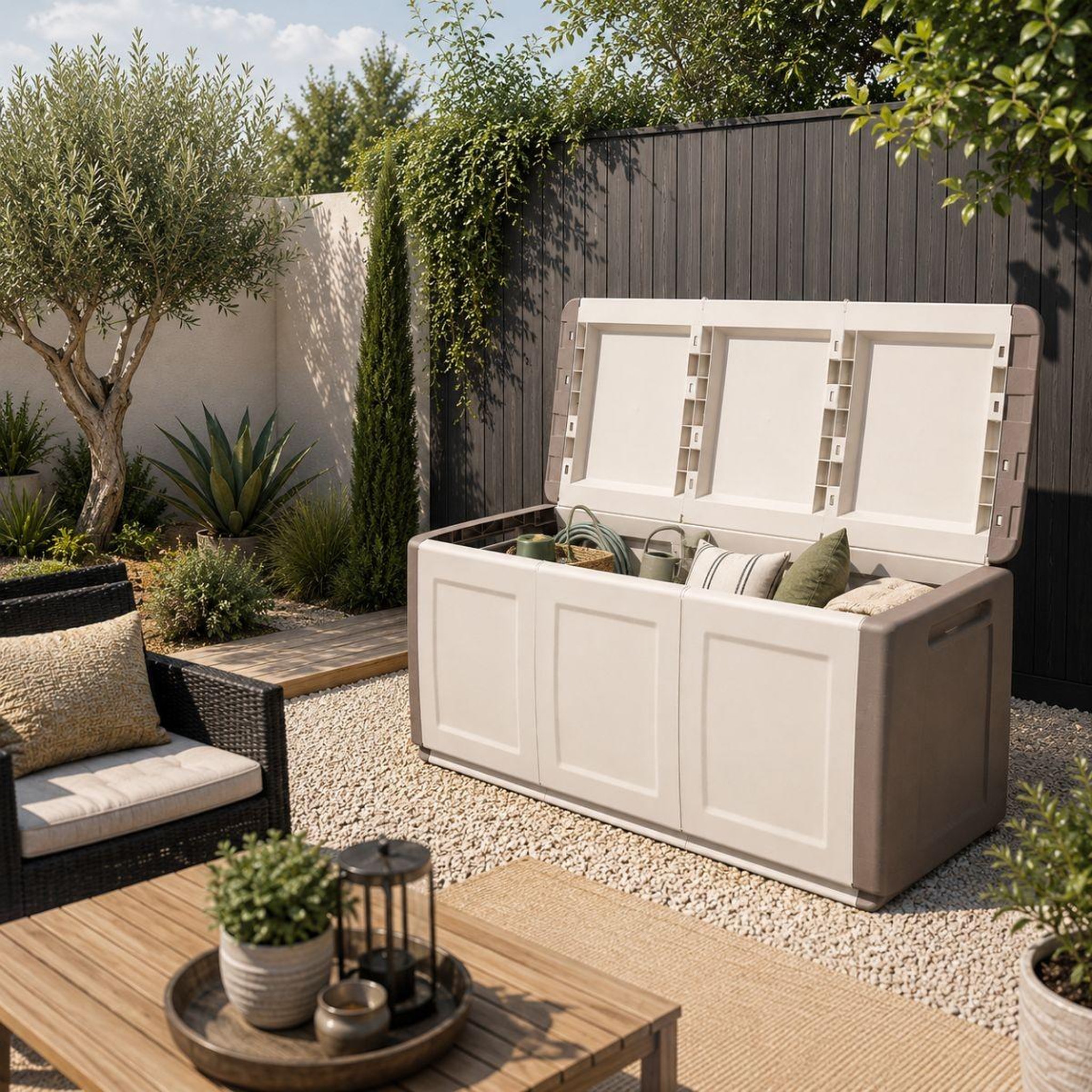 Voir la diapositive 4 : INTEC Coffre de rangement 330L Beige/Taupe 138 x 53 x H57cm Poignées de transport polypropylène INTEC