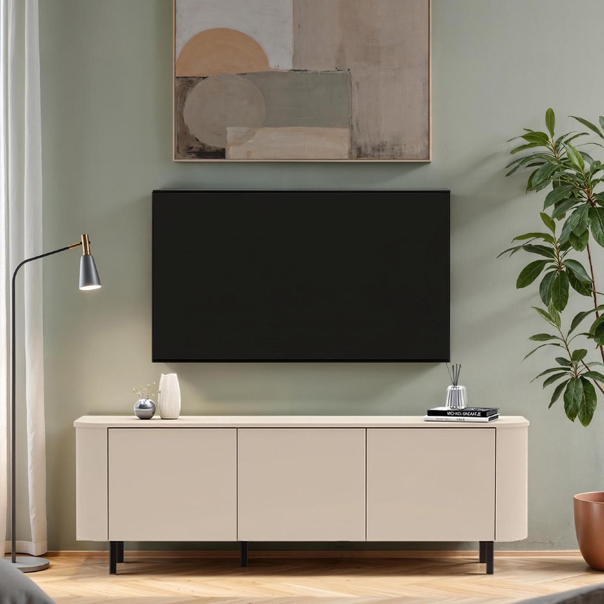 Voir la diapositive 3 : JLC KREATION Meuble tv moderne arrondi 3 portes 180cm beige olga