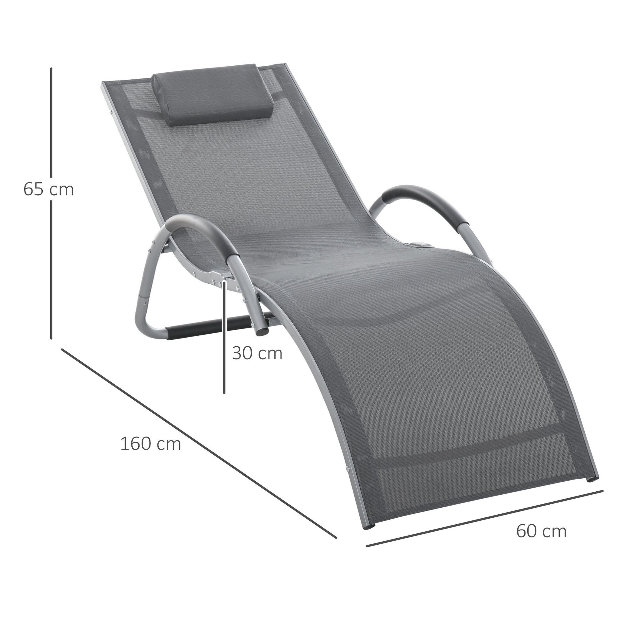 Voir la diapositive 3 : OUTSUNNY Bain de soleil transat design contemporain avec appui-tête grand confort léger aluminium textilène 160 x 60 x 65 cm gris