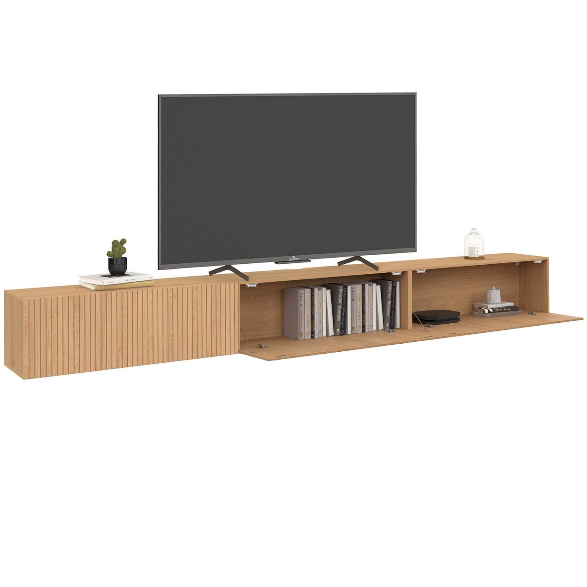 Voir la diapositive 4 : ID MARKET Meuble tv 270 cm suspendu juliette 3 portes lattes tasseau bois coloris chêne