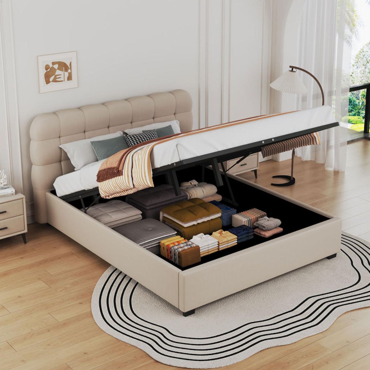 CONCEPT USINE Lit nuage avec coffre de rangement 140x190cm en velours beige DALLAS