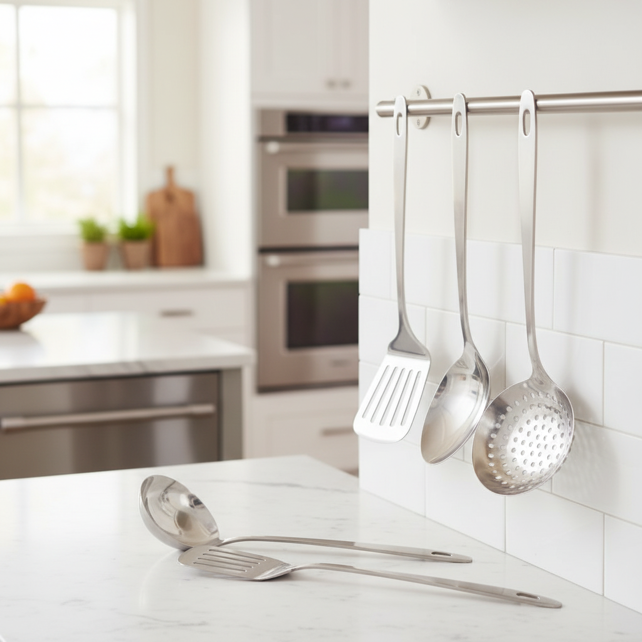 Voir la diapositive 2 : Fackelmann Ensemble de 4 ustensiles de cuisine en inox louche spatule ajourée cuillère et écumoire fackelmann oxford