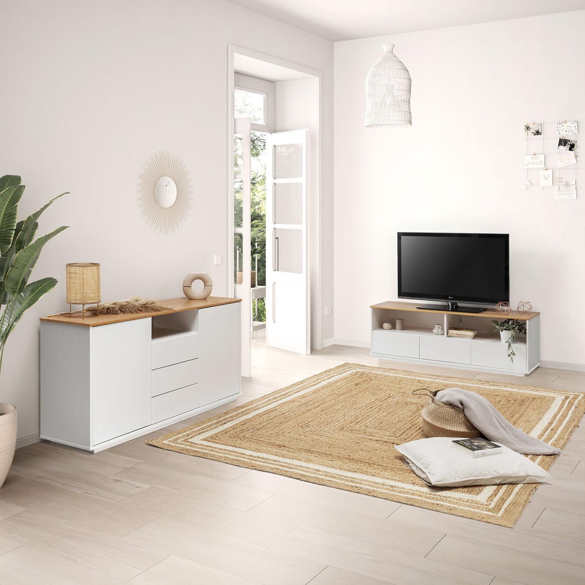 Voir la diapositive 5 : VS VENTA-STOCK Meuble tv Bob 3 tiroirs 2 niches blanc/chêne, bois massif