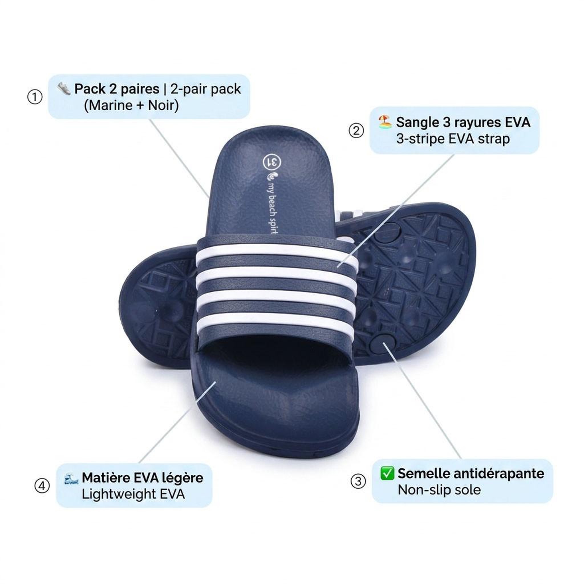 Voir la diapositive 5 : OZABI OZABI Pack 2 Paires Claquettes Enfant EVA Antidérapante