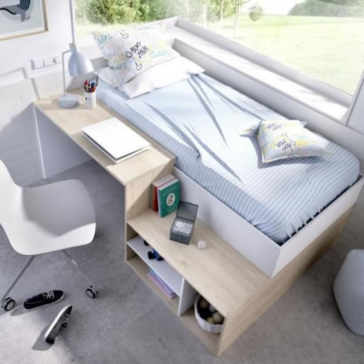 MARKET24 Lit combiné enfant KRIC - Chene naturel et blanc - Bureau et rangement - 90x190 cm