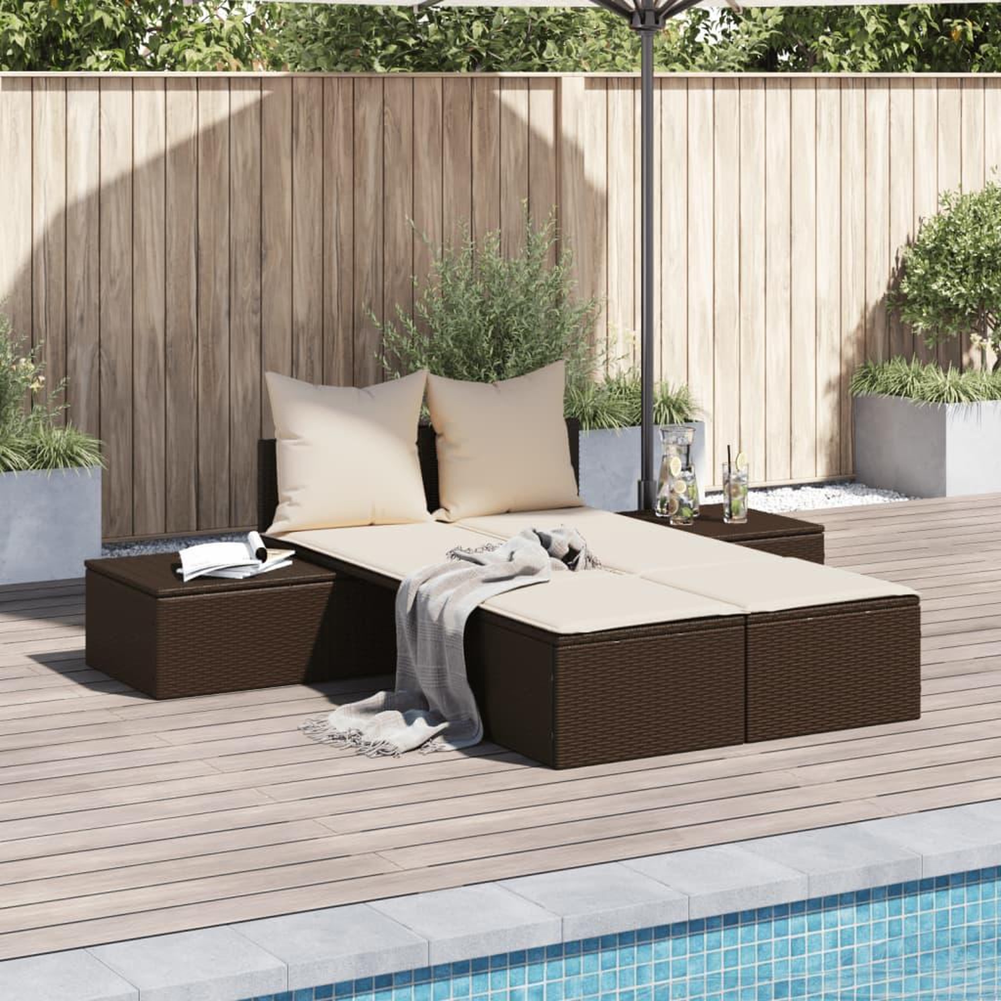 VIDAXL Chaise longue double avec coussins marron resine tressee