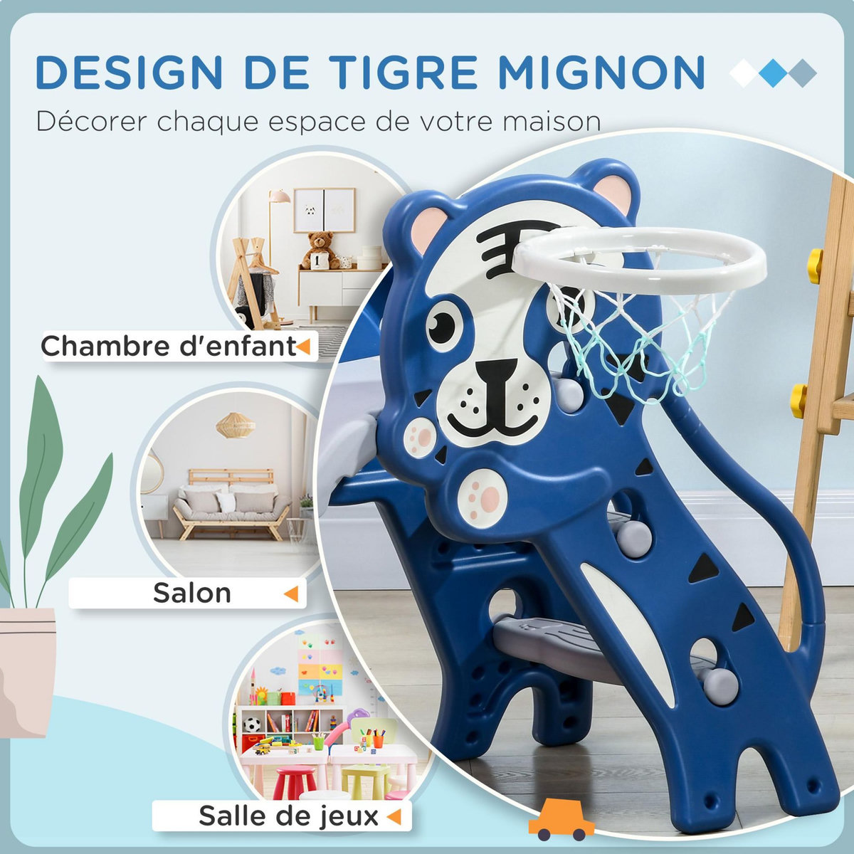 HOMCOM Toboggan enfant panier basket design tigre 18-36 mois usage intérieur - balle, pompe incluses - PE bleu gris