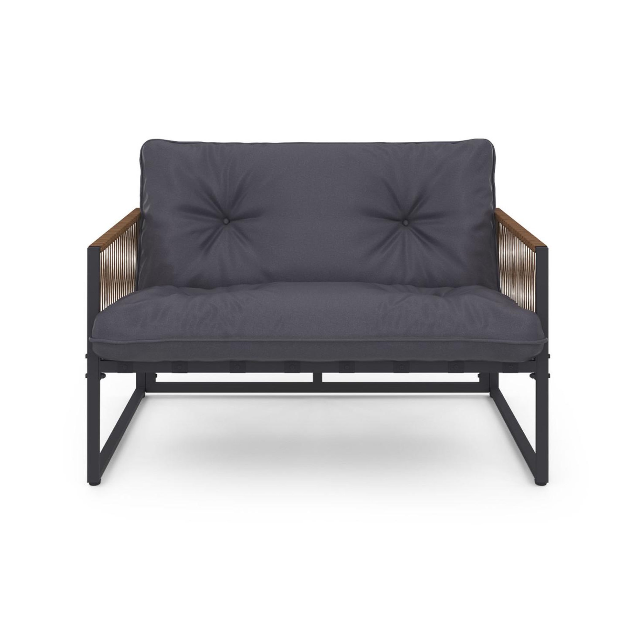 Voir la diapositive 3 : ID MARKET Salon de jardin bas rio 4 places structure métal gris anthracite, cordage effet rotin avec coussin gris