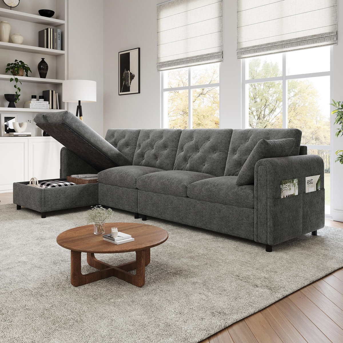 MERAX Canapé d'angle réversible fixe 4 places velours coffre de rangement