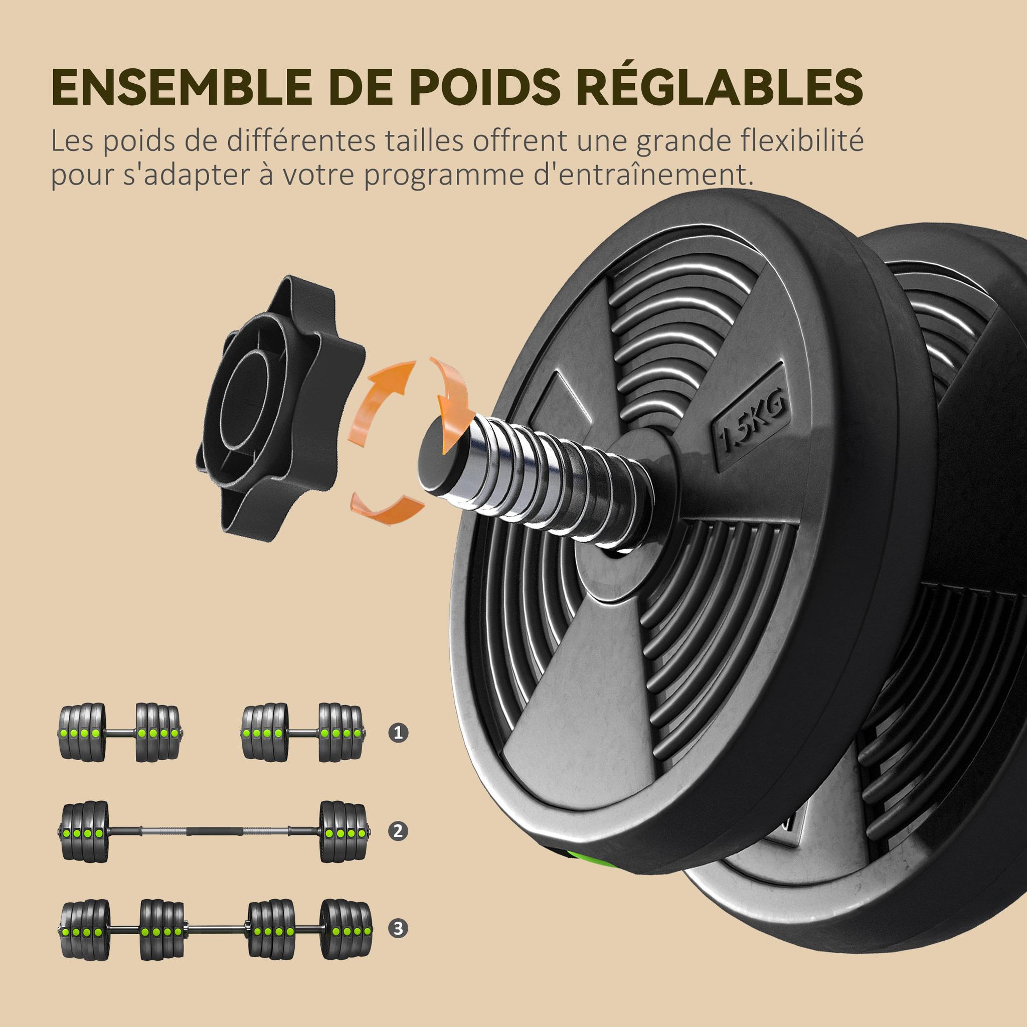 Voir la diapositive 5 : HOMCOM Haltères 2 en 1 réglables - haltères libres 30 kg - barres incluses - entraînement musculaire & haltérophilie - noir vert
