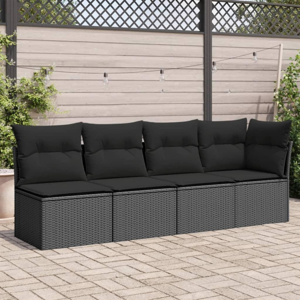 VIDAXL Canape de jardin avec coussins 4 places noir resine tressee