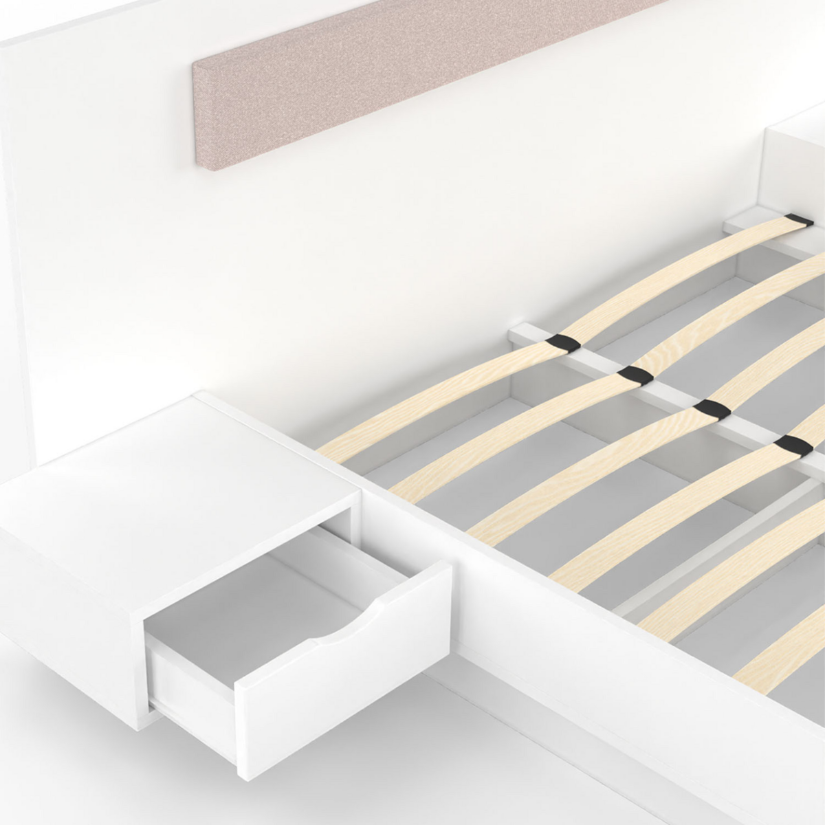 ID MARKET Lit double SANTA avec tête de lit + tables de chevet intégrées et sommier 140 x 190 cm blanc