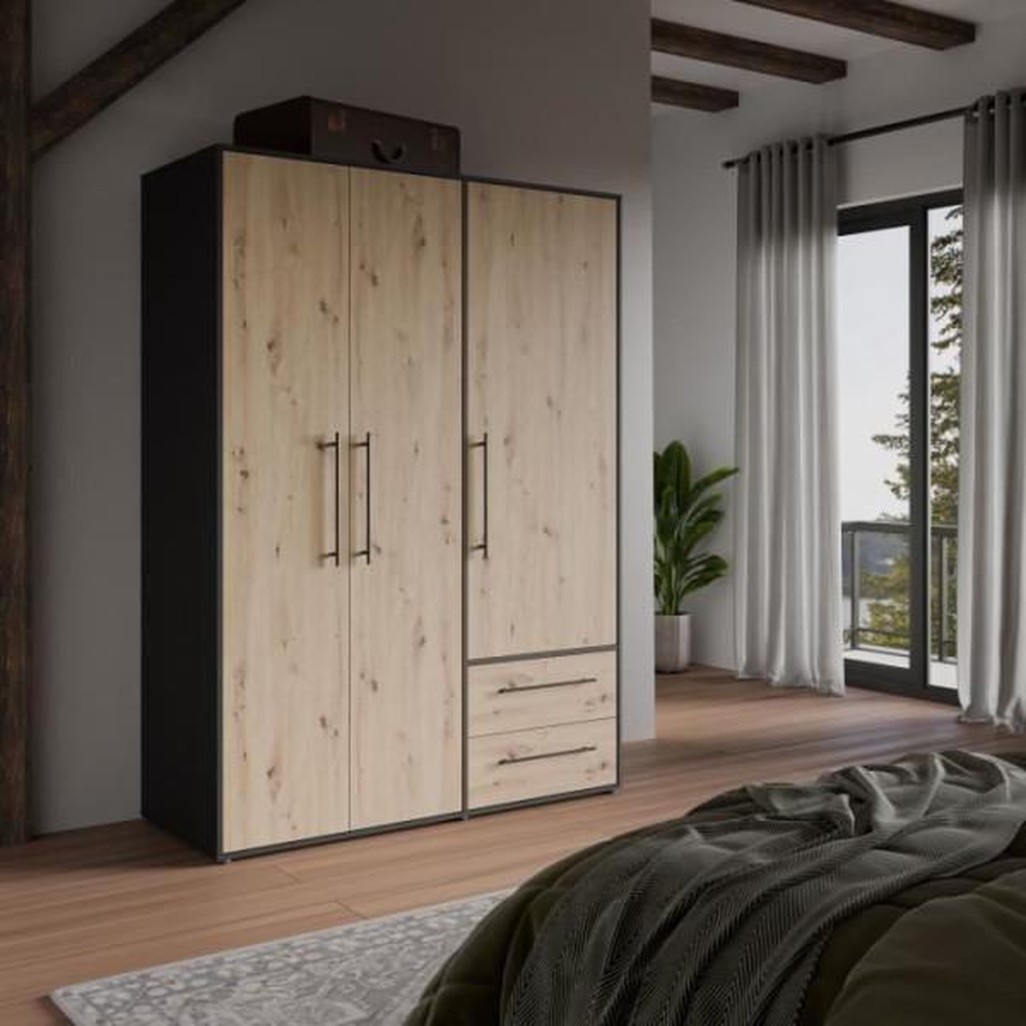 Voir la diapositive 2 : MARKET24 Armoire de chambre - MOKKARIS - Chene Artisan / Noir - 3 portes - 144,4 x 58,8 x 200,1 cm