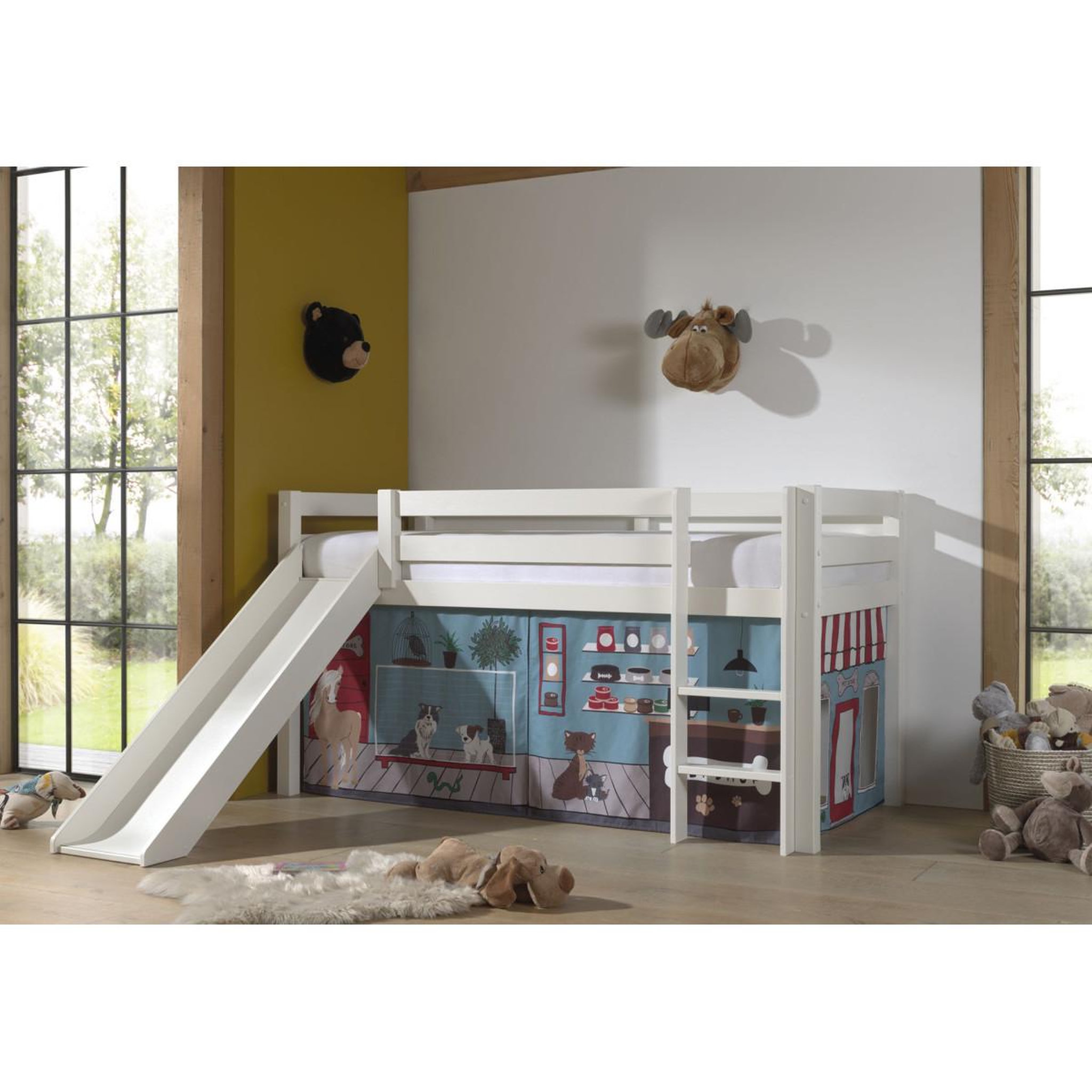 Voir la diapositive 2 : Paris Prix Lit enfant surélevé avec toboggan  pino pet shop  90x200cm blanc