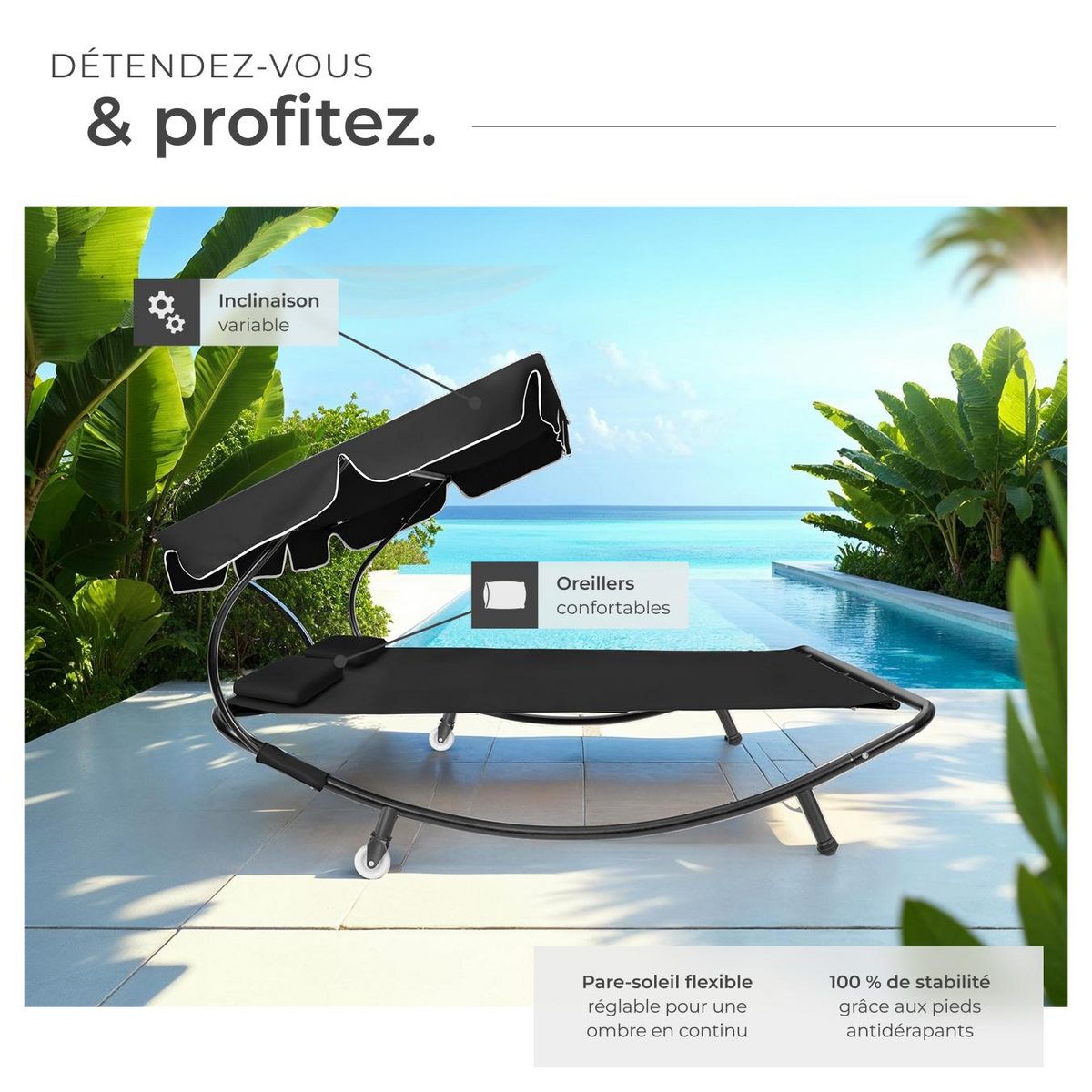 tectake Transat en acier pour 2 personnes noir/noir