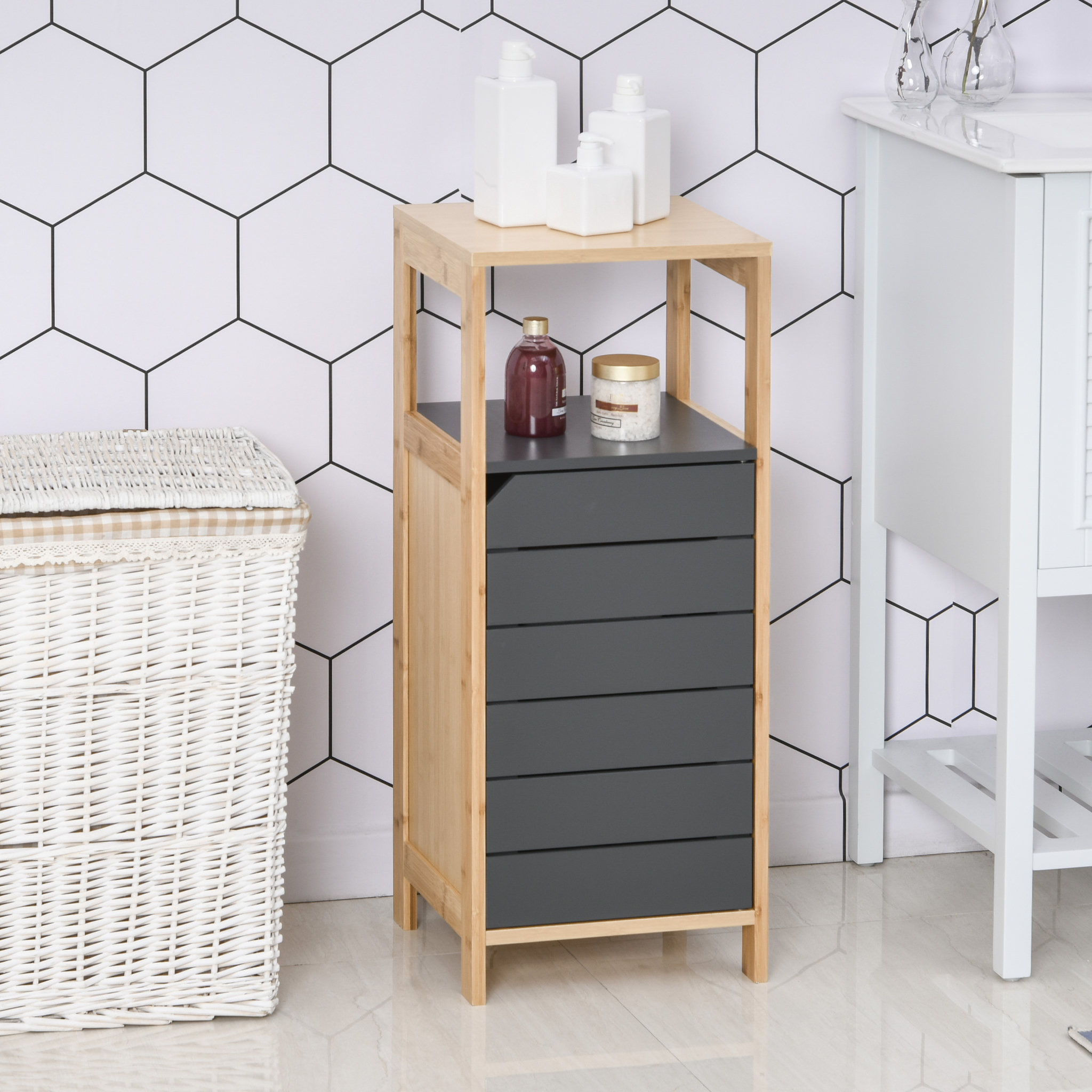 Voir la diapositive 2 : HOMCOM Meuble colonne rangement salle de bain style cosy dim. 32L x 30l x 80H cm porte étagères niche bambou gris