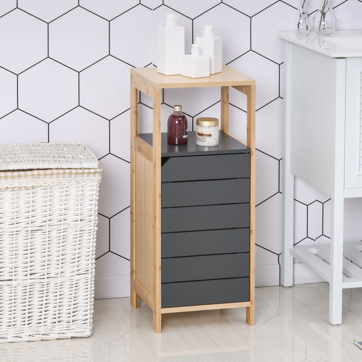 HOMCOM Meuble colonne rangement salle de bain style cosy dim. 32L x 30l x 80H cm porte étagères niche bambou gris