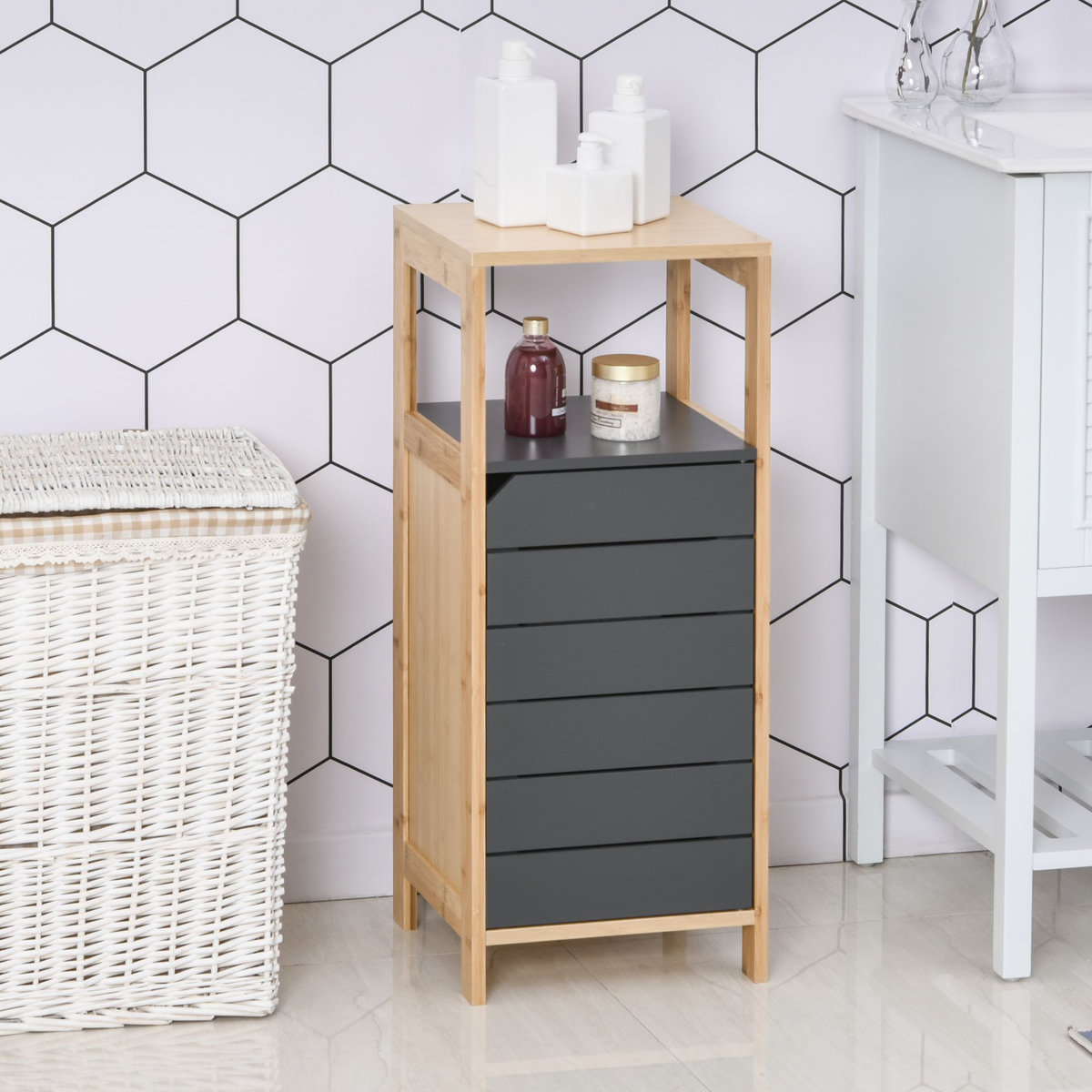 HOMCOM Meuble colonne rangement salle de bain style cosy dim. 32L x 30l x 80H cm porte étagères niche bambou gris