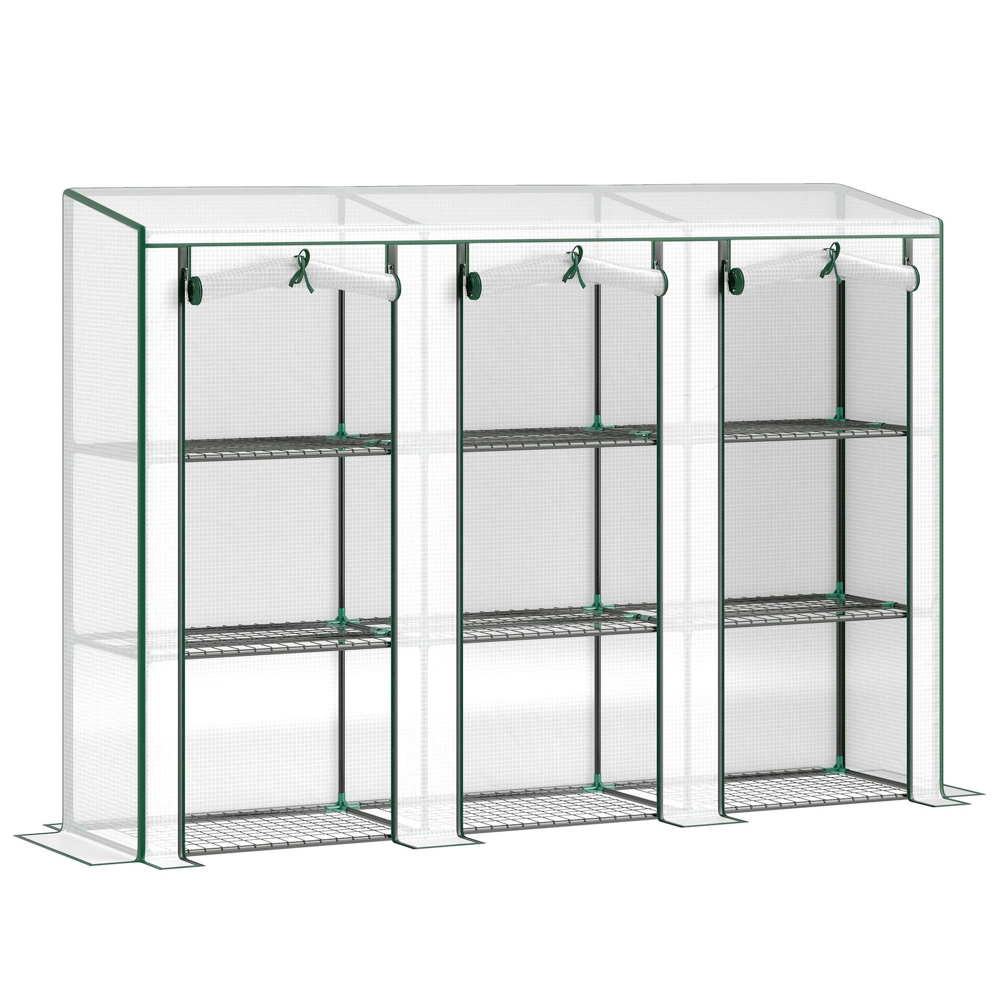 Voir la diapositive 5 : OUTSUNNY Serre de jardin balcon avec étagères métalliques 3 niveaux 3 portes acier noir PVC blanc