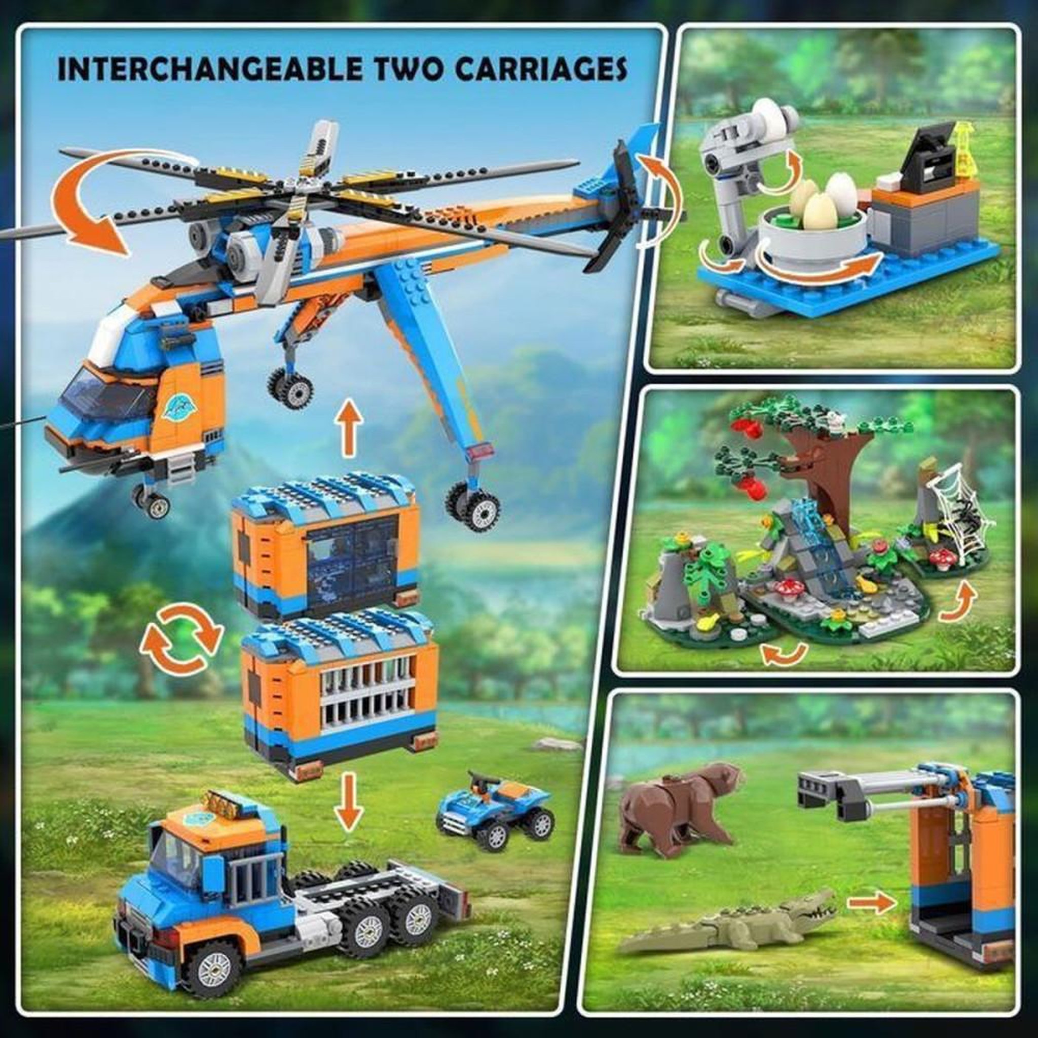 Voir la diapositive 3 : Kit de construction Jungle Rescue 1356 pièces avec hélicoptère de secours et cabines amovibles