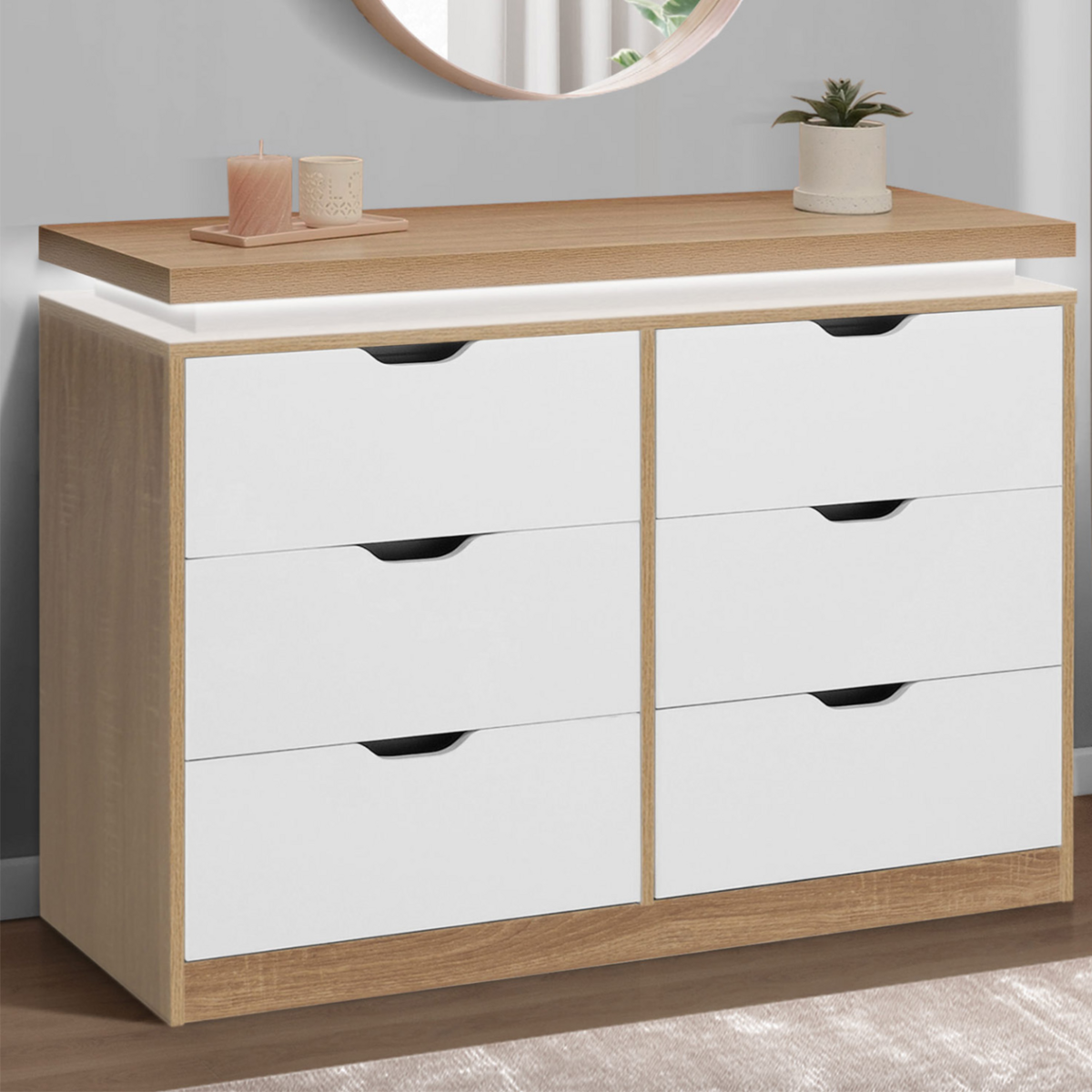 ID MARKET Commode 6 tiroirs LUNA à LEDS 115 cm blanc et effet bois