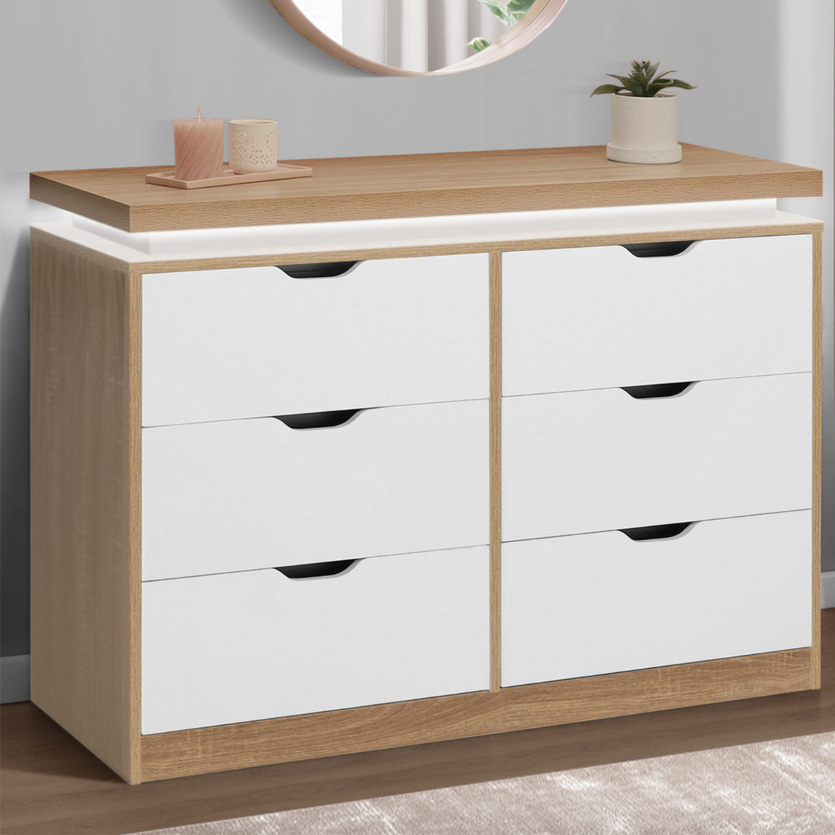 ID MARKET Commode 6 tiroirs LUNA à LEDS 115 cm blanc et effet bois