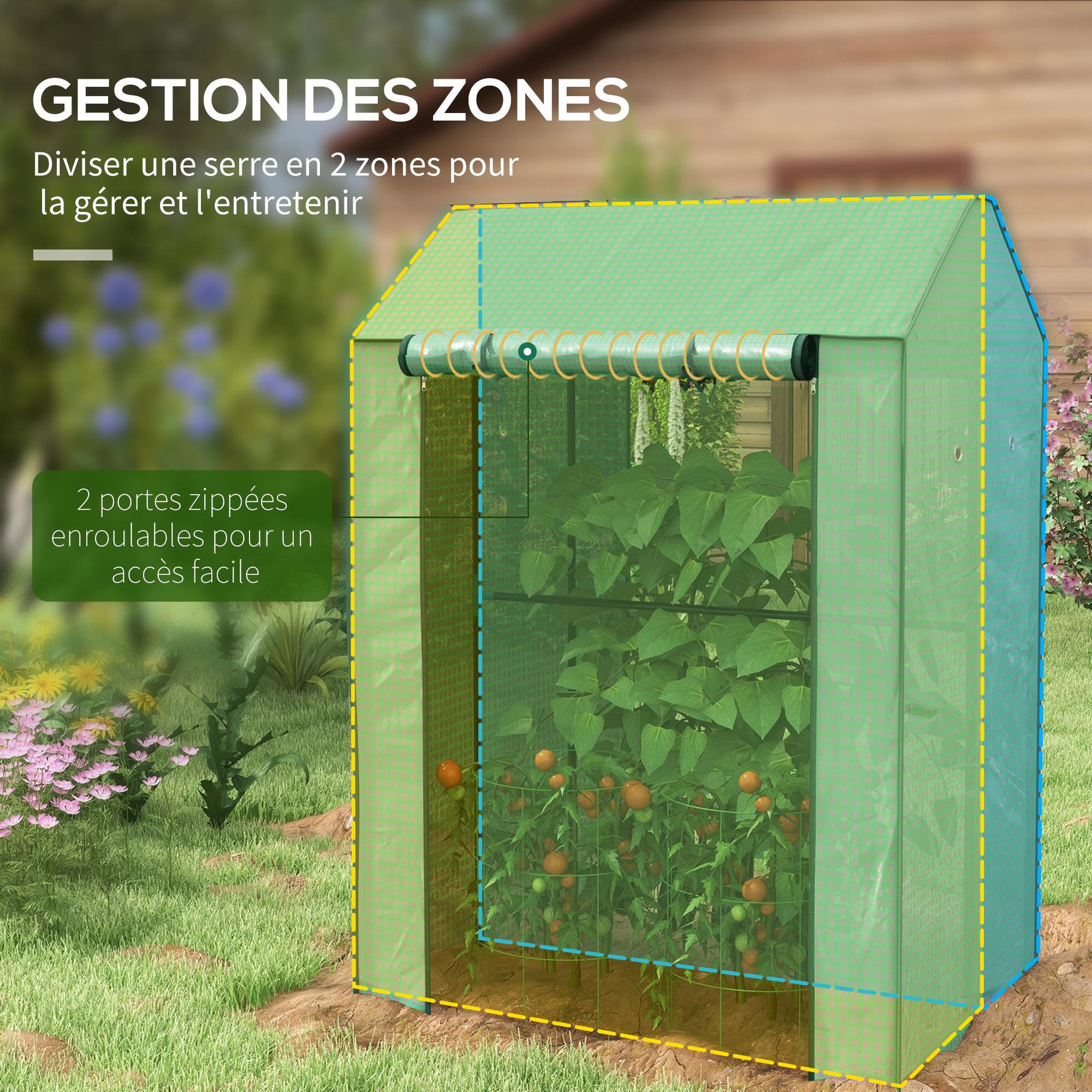 Voir la diapositive 5 : OUTSUNNY Serre de jardin avec 2 espaces et 2 portes enroulables - 0,8 m² serre à tomates dim. 1l x 0,8l x 1,5h m, acier et pe haute densité