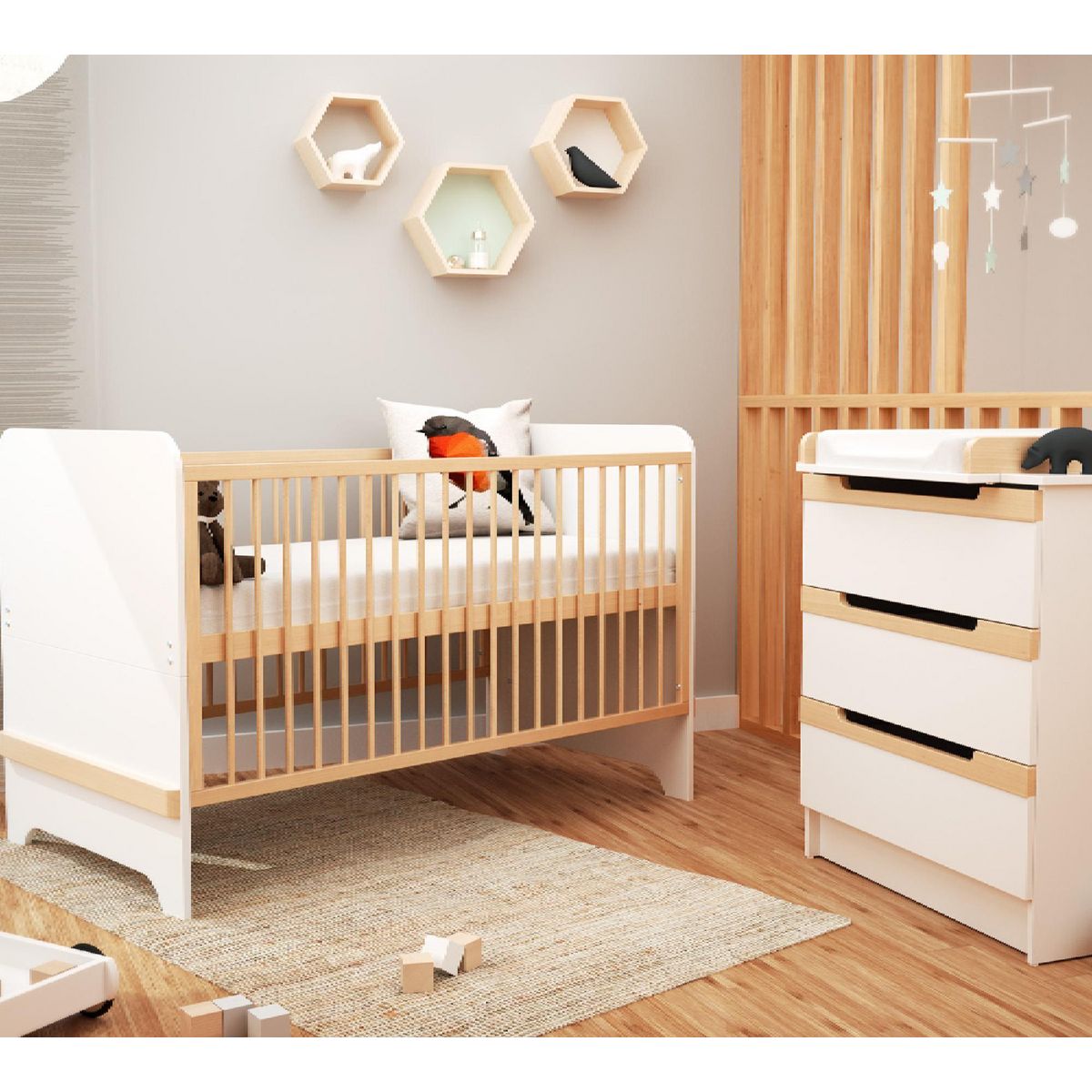 AT4 Commode à langer 3 tiroirs en bois CARROUSEL Blanc et Hêtre Verni