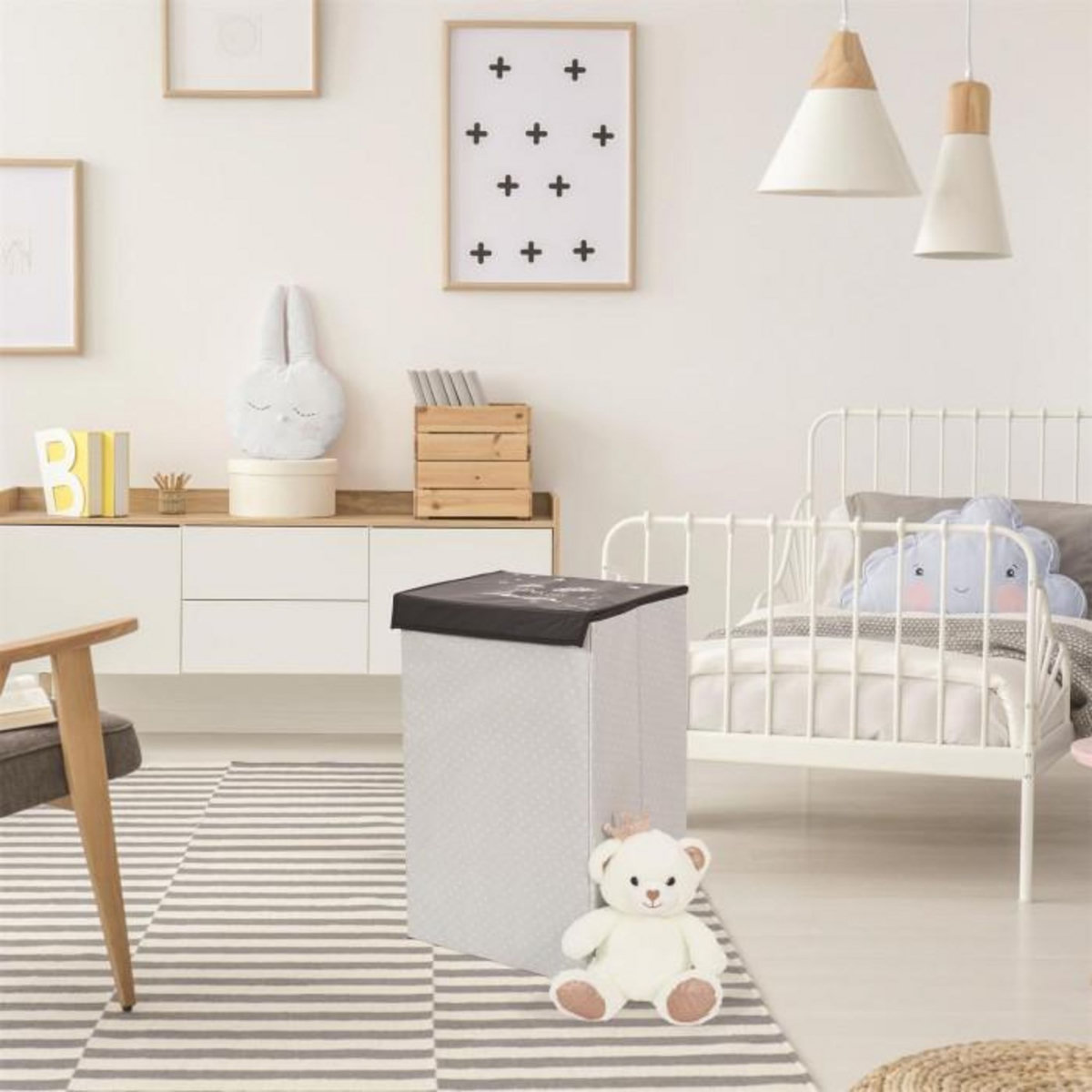 Paris Prix Panier à Linge Pliable  Garçon  58cm Noir & Blanc