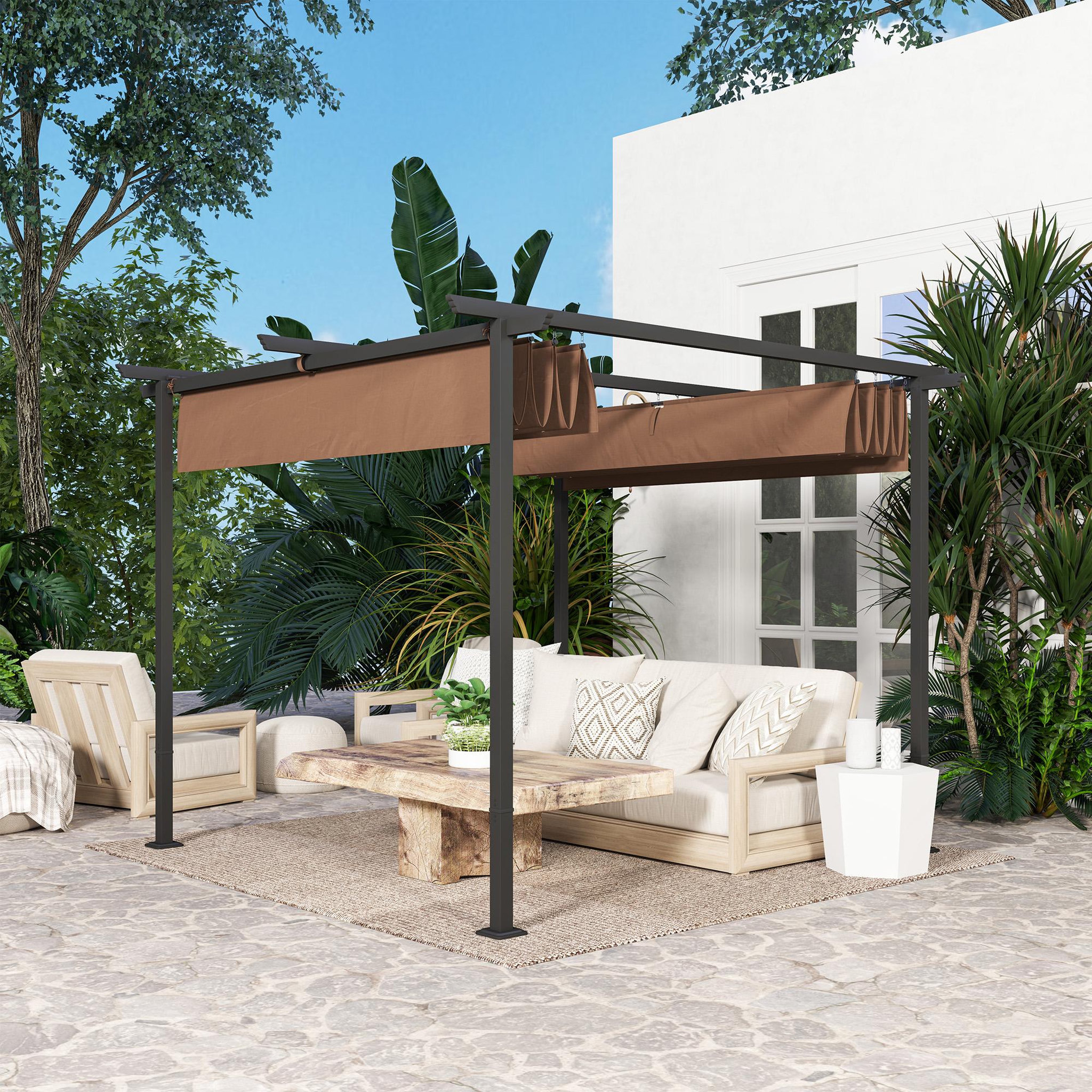 Voir la diapositive 2 : OUTSUNNY Pergola 3 x 3 m métal toile polyester haute densité 180g/m² UPF30+ coulissante rétractable marron