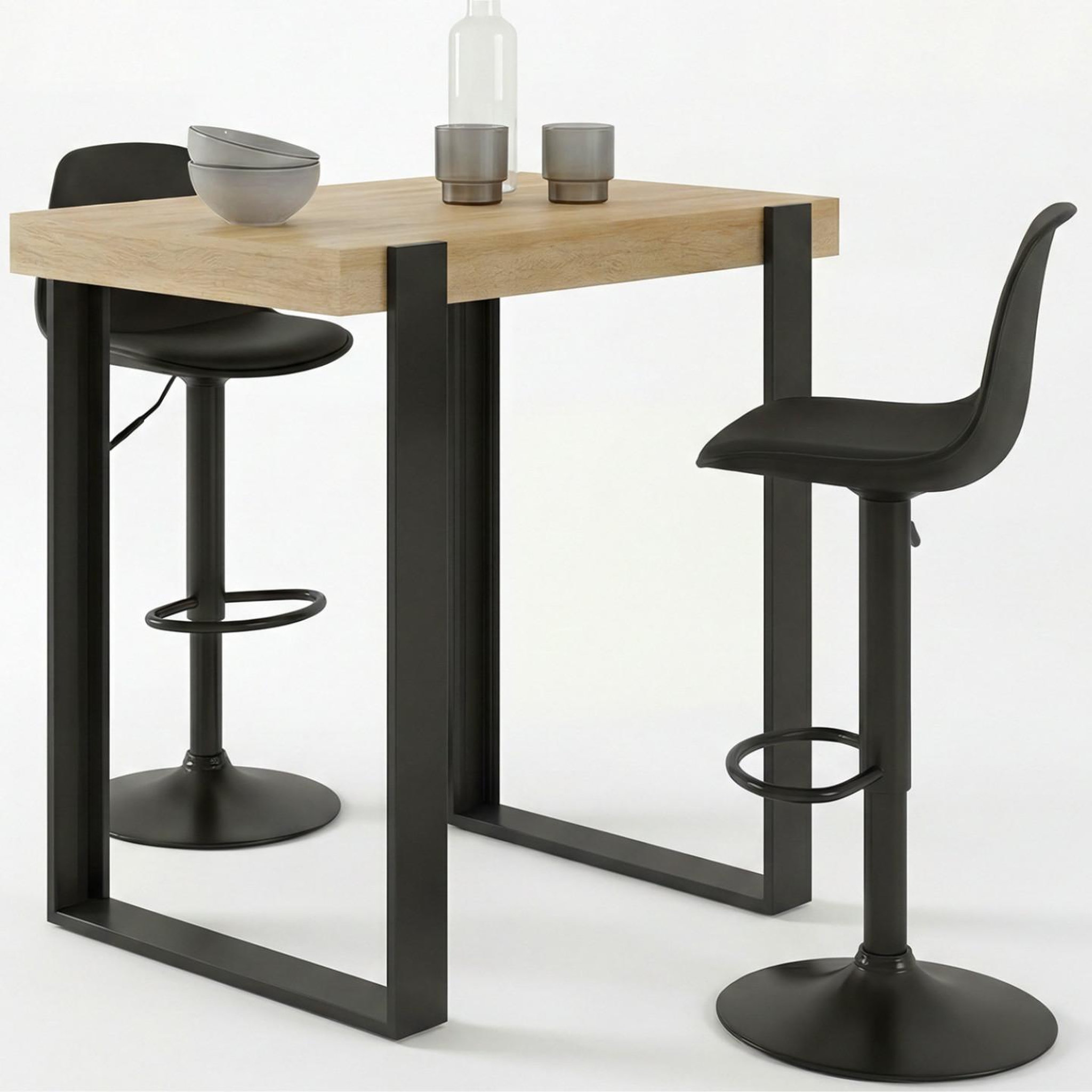 ID MARKET Ensemble table de bar phoenix bois et noir et 2 tabourets karl noir pied noir
