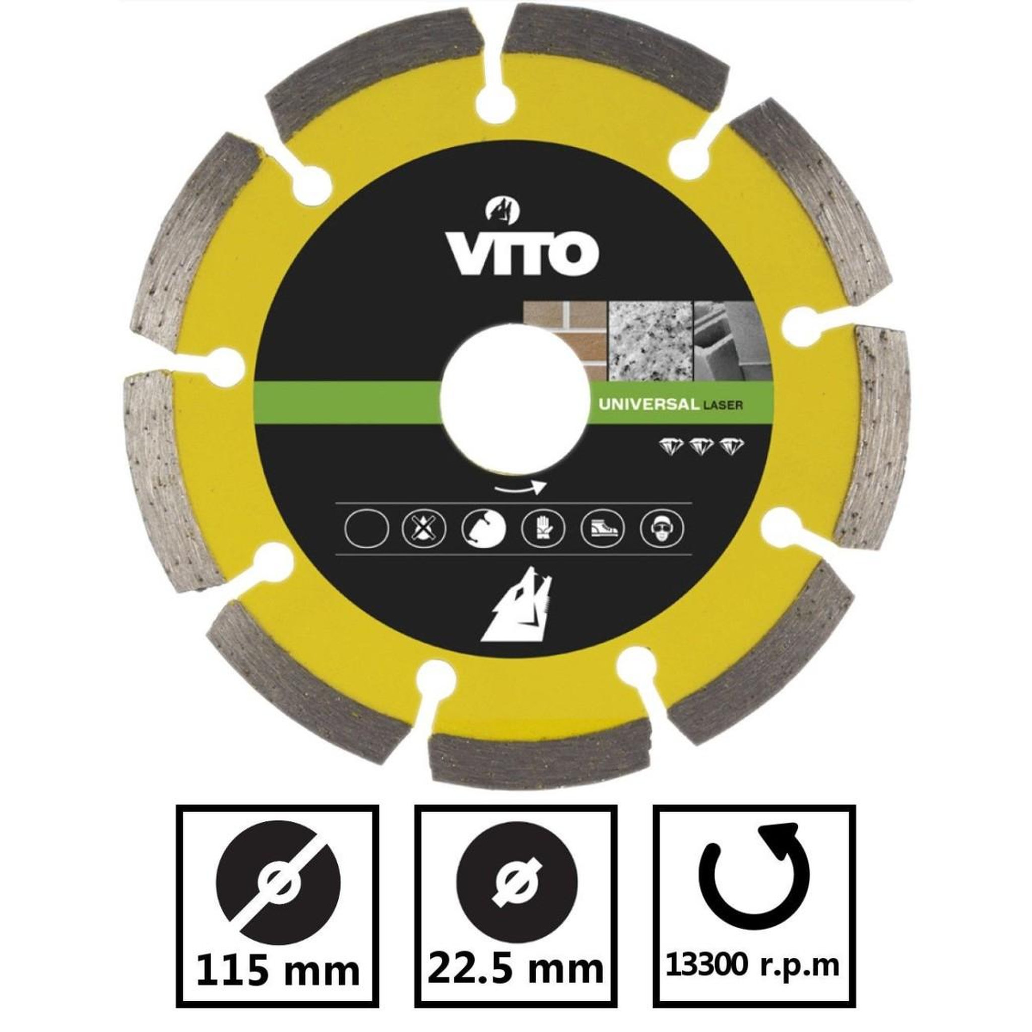 Voir la diapositive 3 : VITO Pro-Power Meuleuse angulaire 850W 115mm + Disque coupe bois et PVC + Disque Diamant laser + Boîte à outils VITO