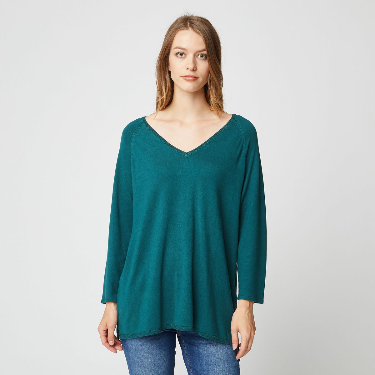 INEXTENSO Pull col v vert emeraude grande taille femme