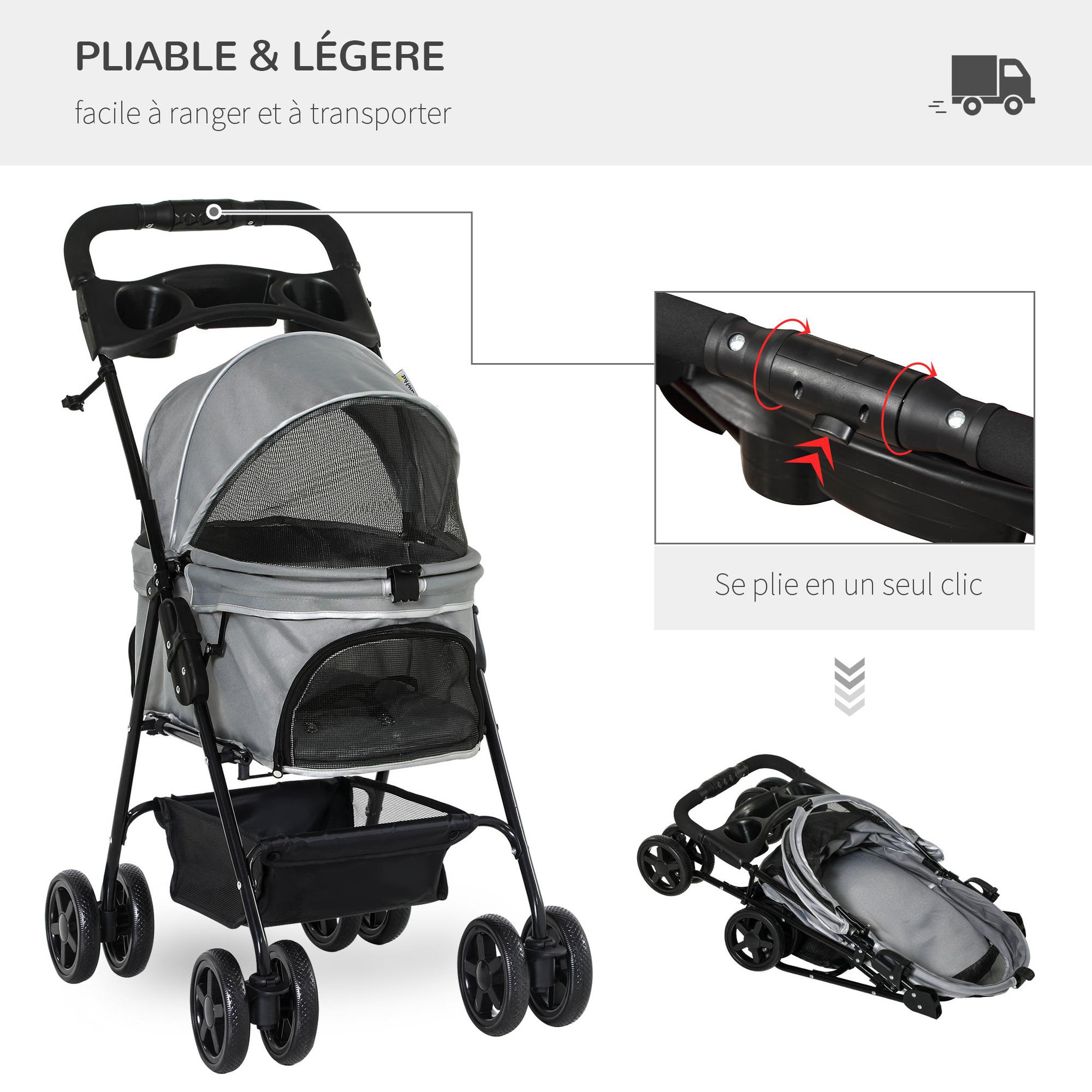 Voir la diapositive 4 : PAWHUT Poussette buggy pliable chien chat panier rangement porte-gobelets tissu 300d oxford imperméable 4 roues gris