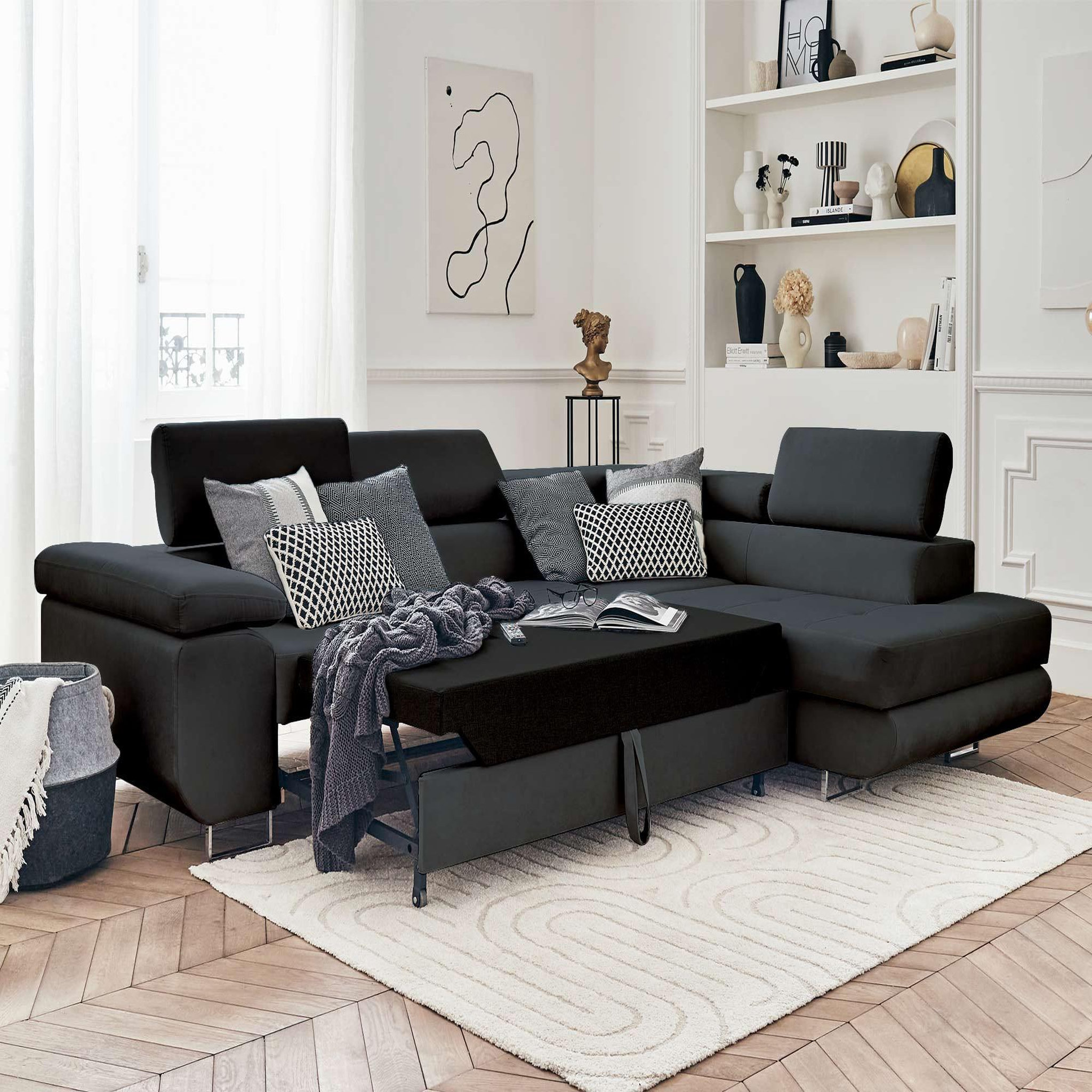 Voir la diapositive 2 : BEST MOBILIER Pablo - canapé d'angle droit - 5 places - convertible avec coffre et têtières réglables - en velours