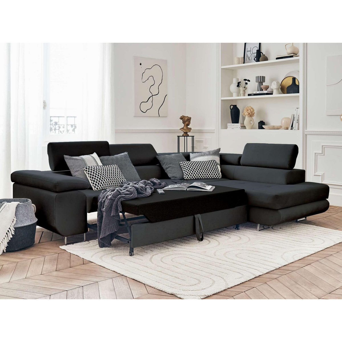 BEST MOBILIER Pablo - canapé d'angle droit - 5 places - convertible avec coffre et têtières réglables - en velours