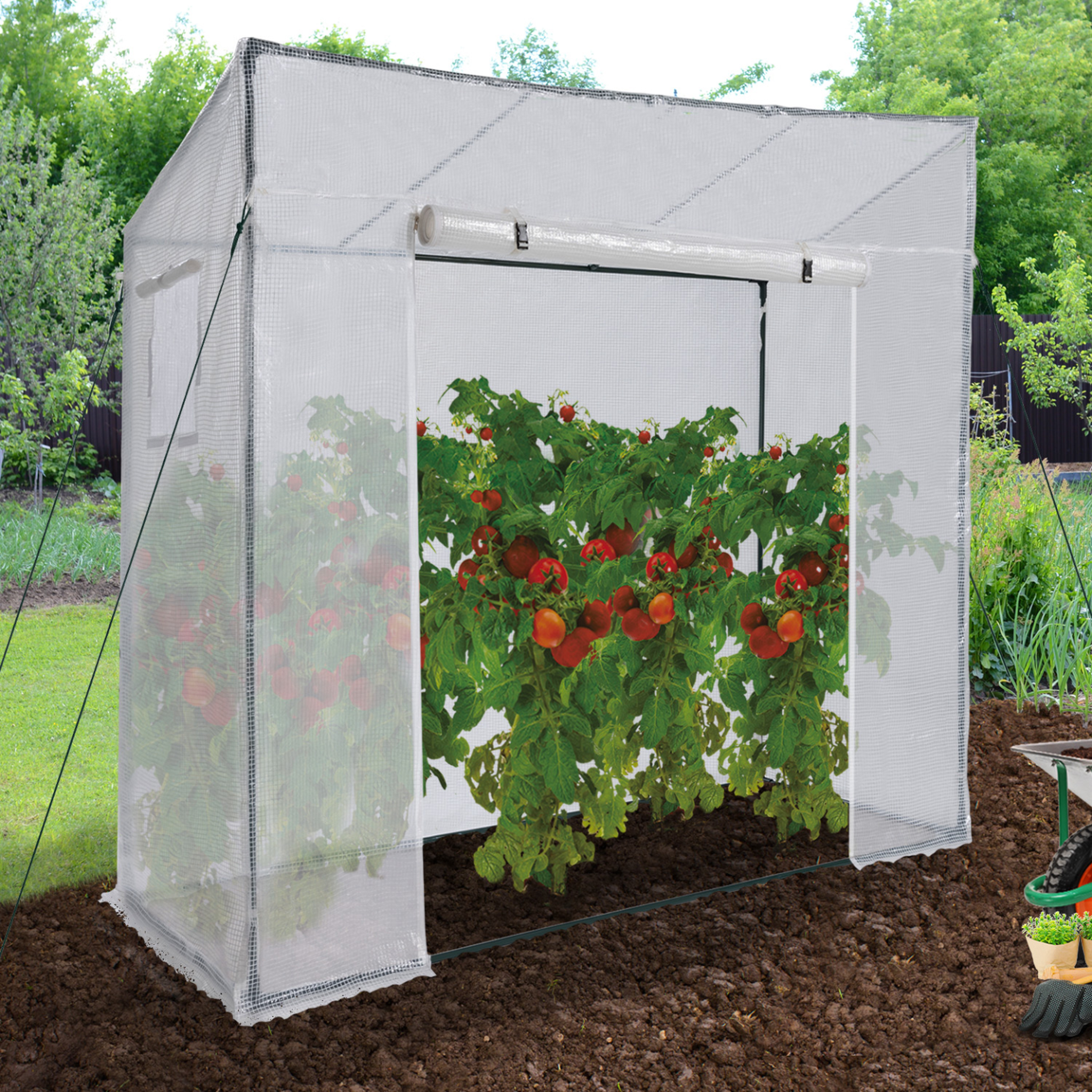 Voir la diapositive 2 : ID MARKET Serre de jardin, serre à tomates 200 x 78 x 169 cm acier + bâche anti-UV avec porte et 2 fenêtres toutes saisons blanche