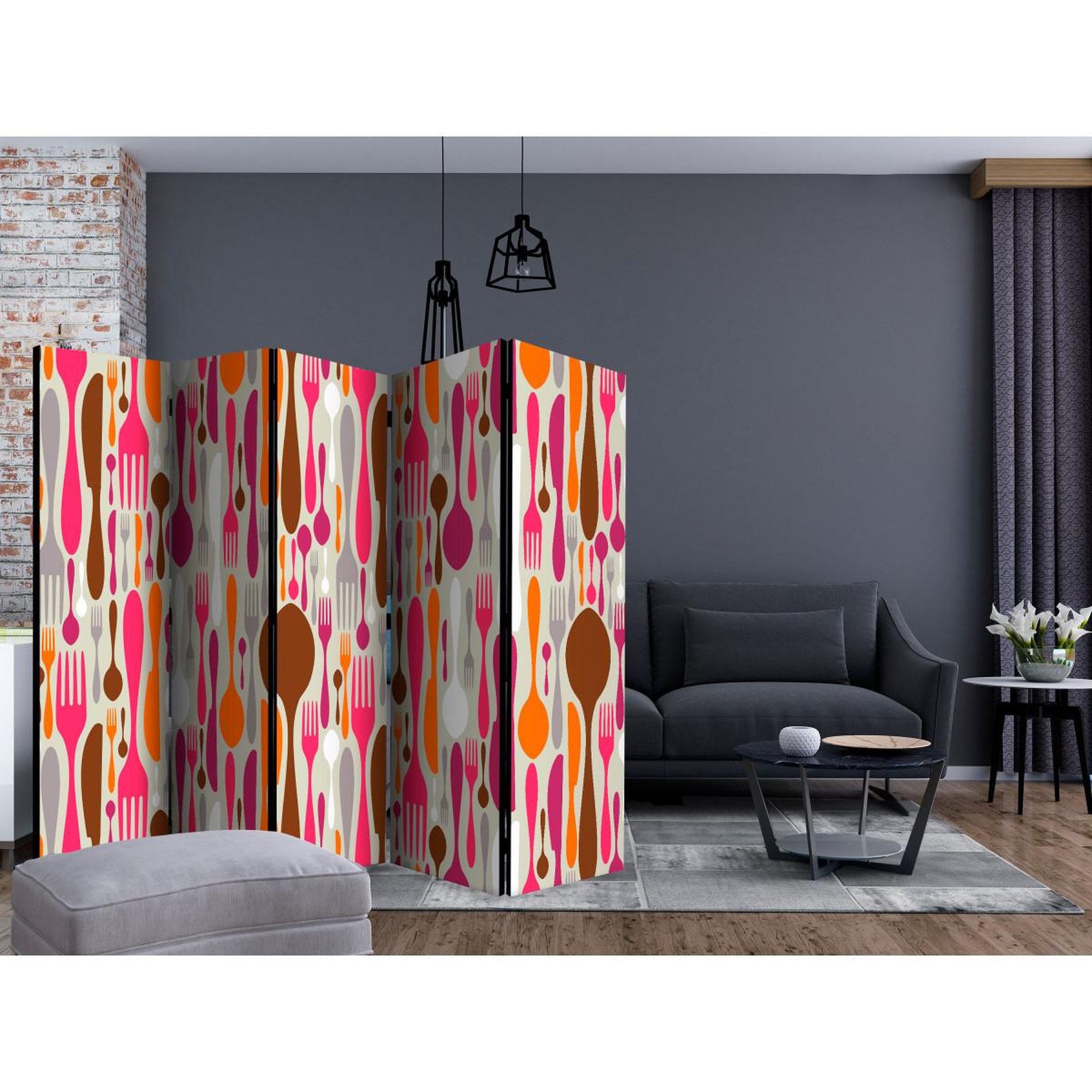 Voir la diapositive 2 : Paris Prix Paravent 5 volets  cutlery pink & violet  172x225cm
