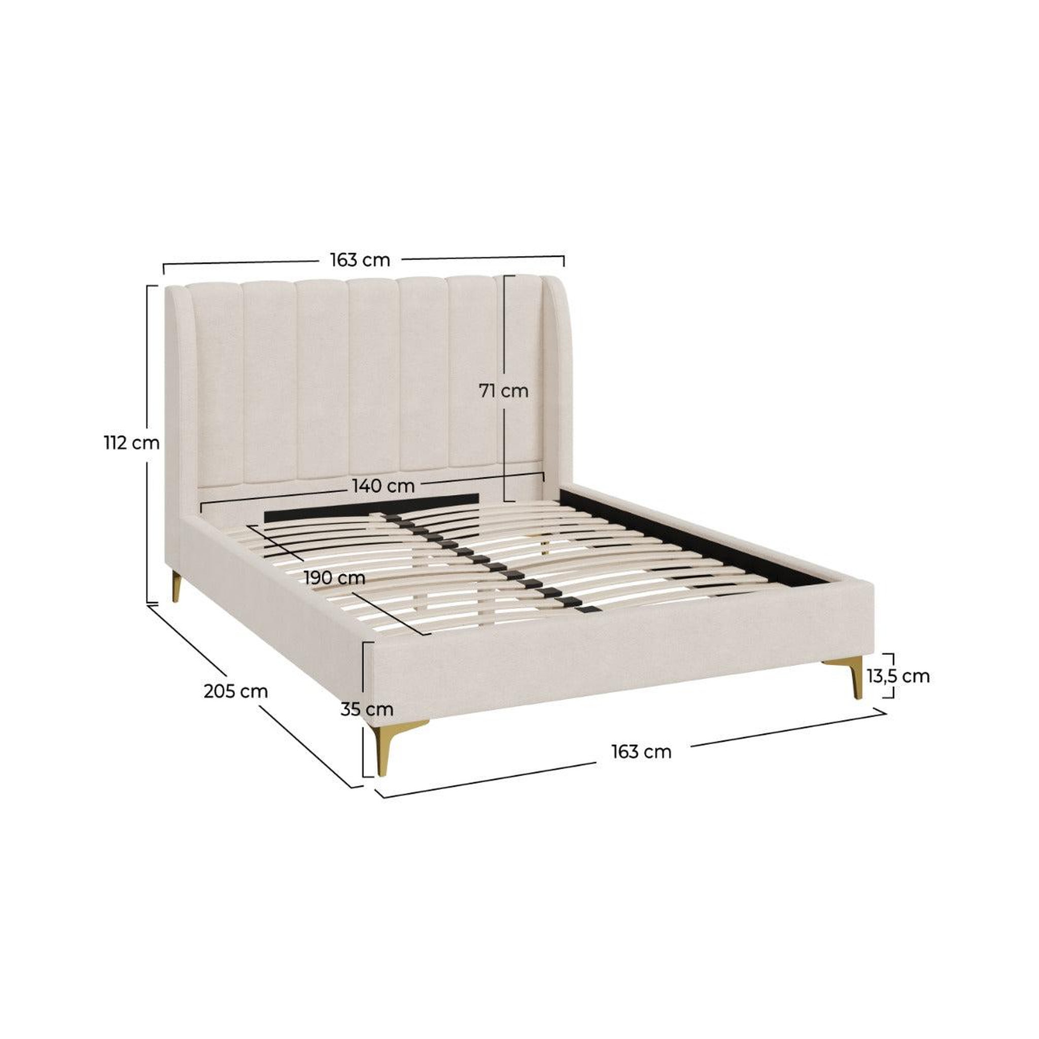 Voir la diapositive 4 : MAISON PAVANE Lit double 140x190 cm en tissu beige et pieds dorés-koda