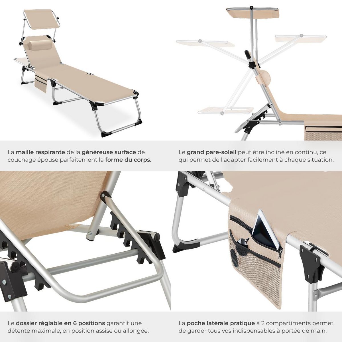 tectake Bain de soleil pliable avec oreiller beige