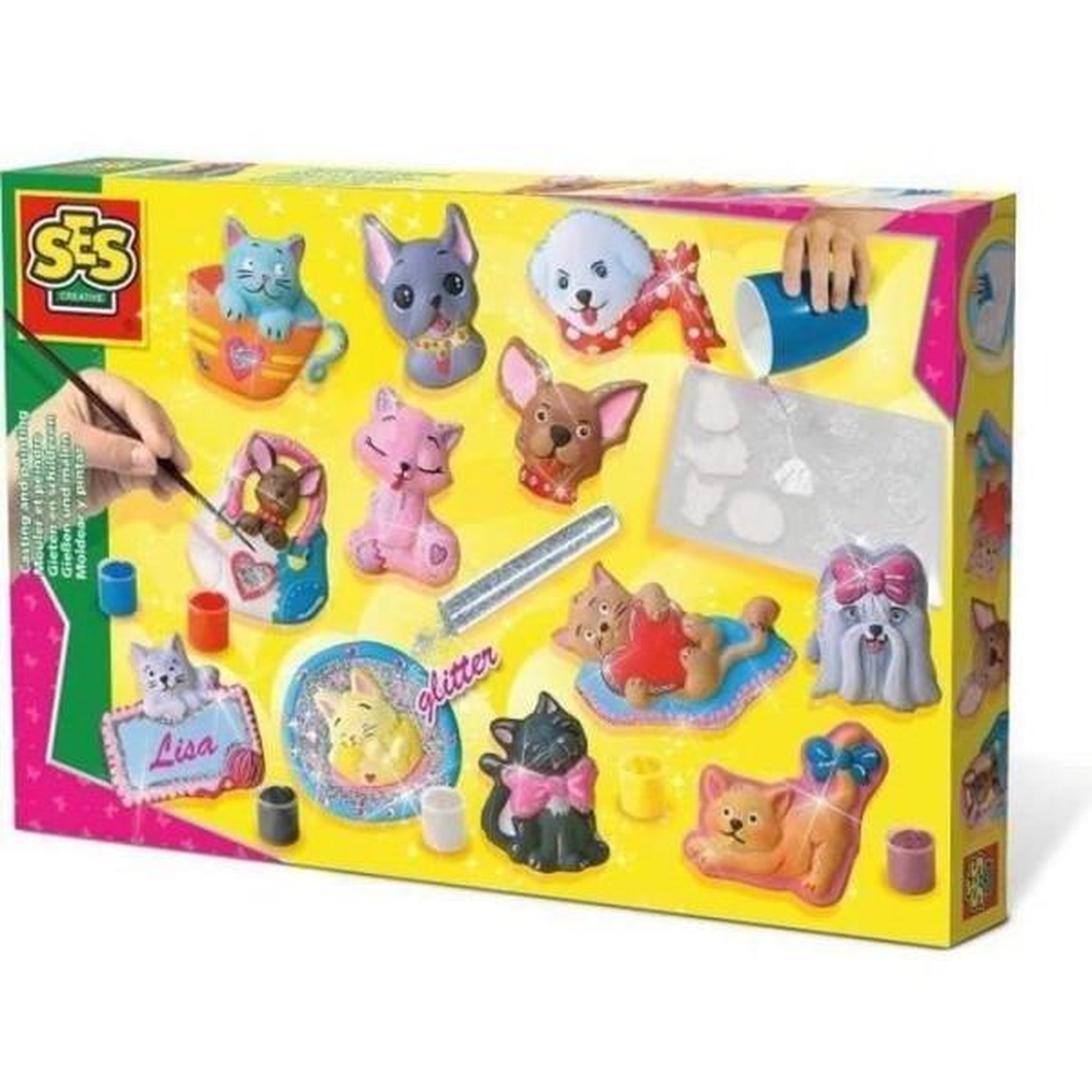 SES Creative SES CREATIVE - Moulage en plâtre chiens et chats - Jaune, vert et rose - Enfant - Plus de 5 ans