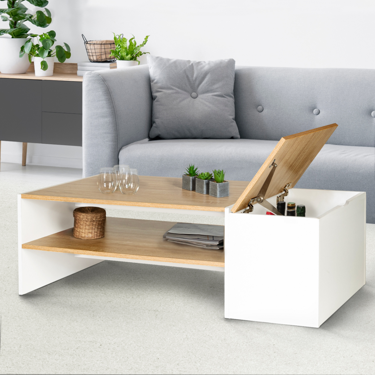 ID MARKET Table basse bar contemporaine rectangulaire IZIA avec coffre blanc et plateaux bois