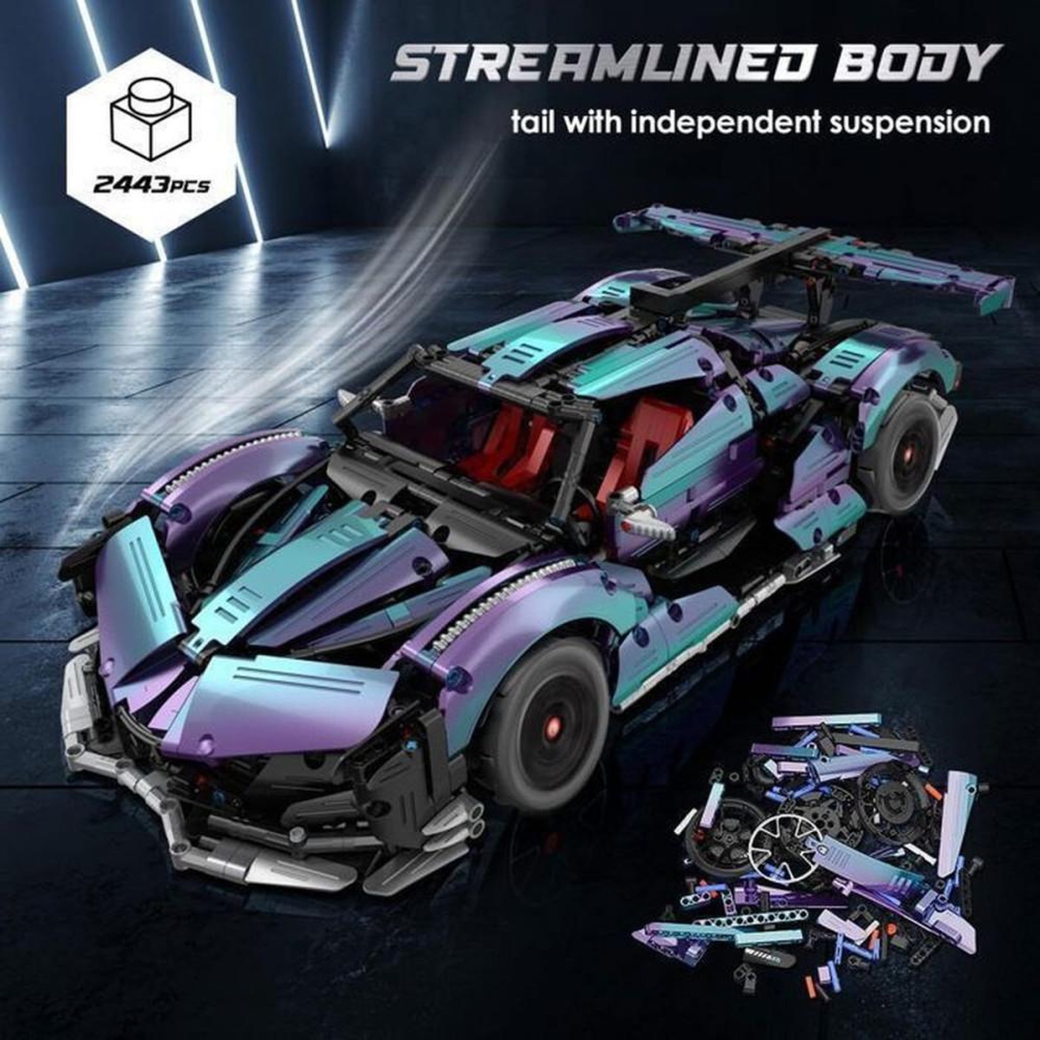 Voir la diapositive 5 : Voiture de course Drift Racing RC Technic 1:10, 2 443 pièces ABS, télécommande 2,4 GHz et application mobile, pneus quatre-roues motrices, suspensions arrière, effet de couleur