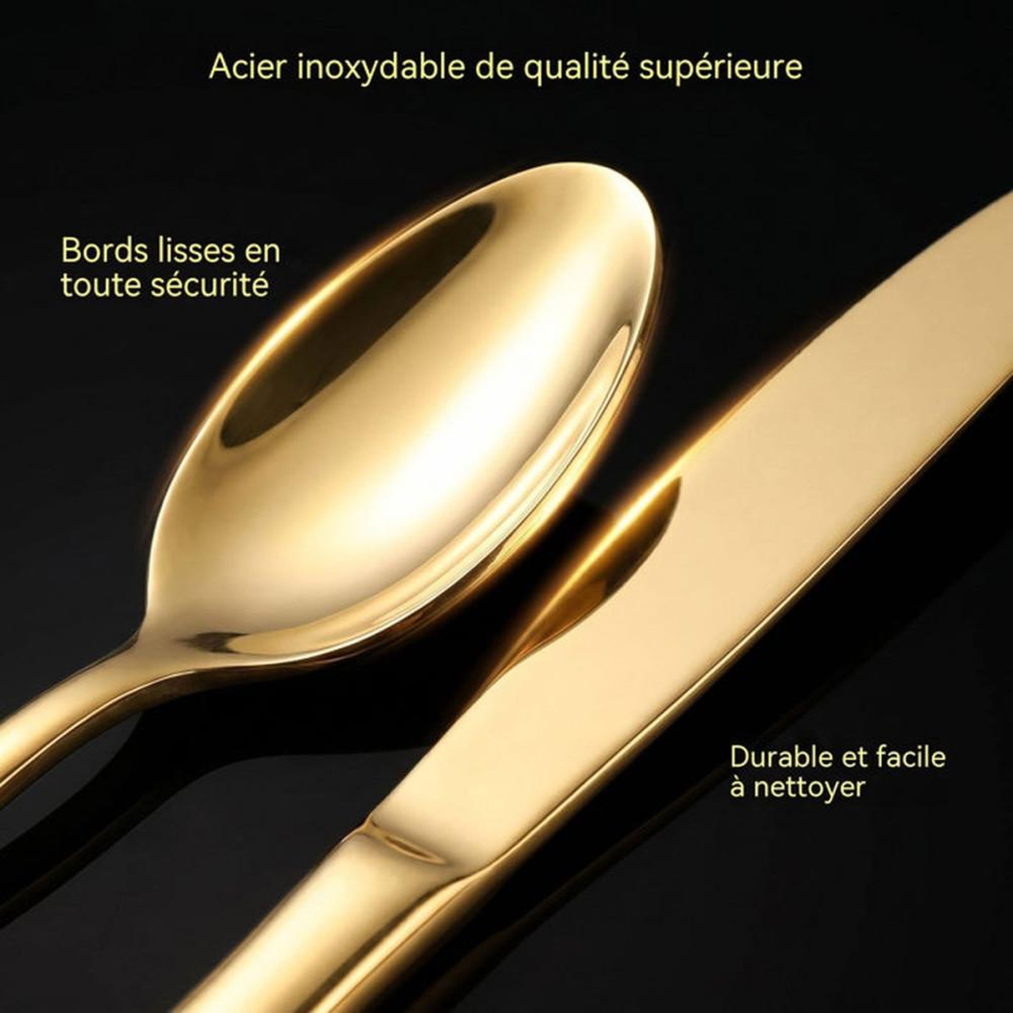 Voir la diapositive 4 : Set de couverts 24 pièces en acier inoxydable 304 finition or brossée, poignées ergonomiques, coffret cadeau pour 6 personnes
