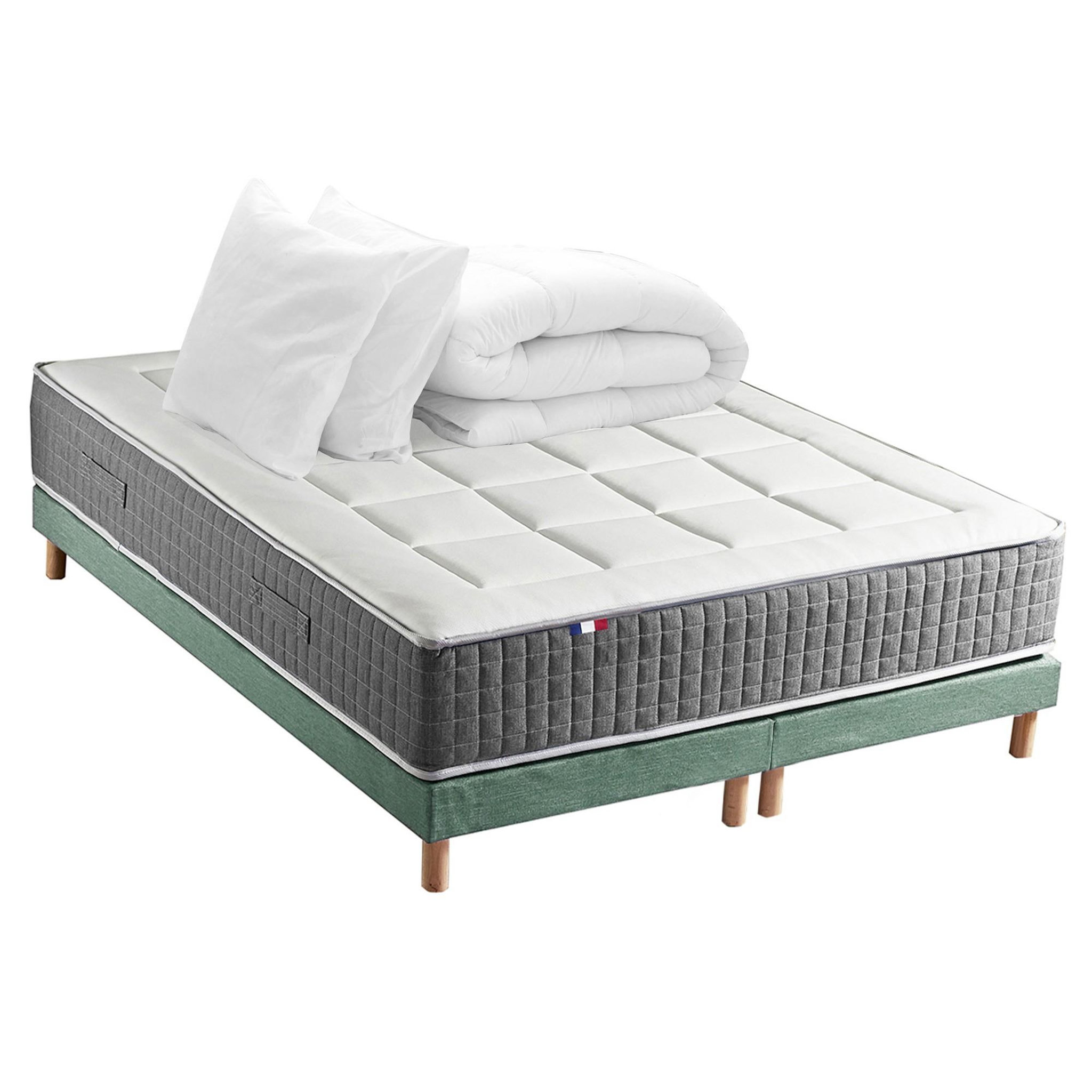Voir la diapositive 2 : IDLITERIE Ensemble Matelas Ressort 7 zones H.28cm + Sommier + couette + oreillers Fabriqué en France MAX