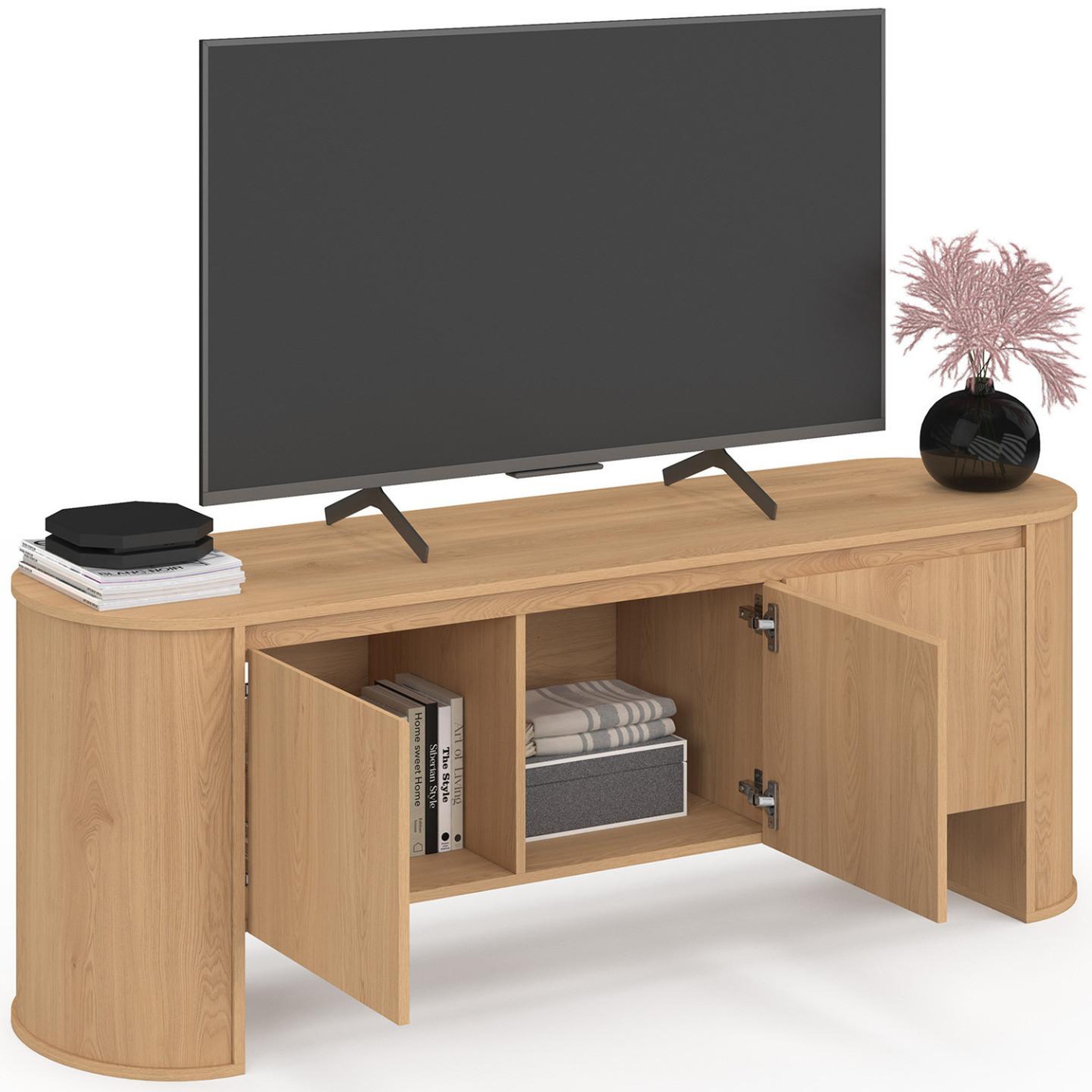 Voir la diapositive 4 : ID MARKET Meuble tv 140 cm divia 3 portes façon hêtre design arrondi