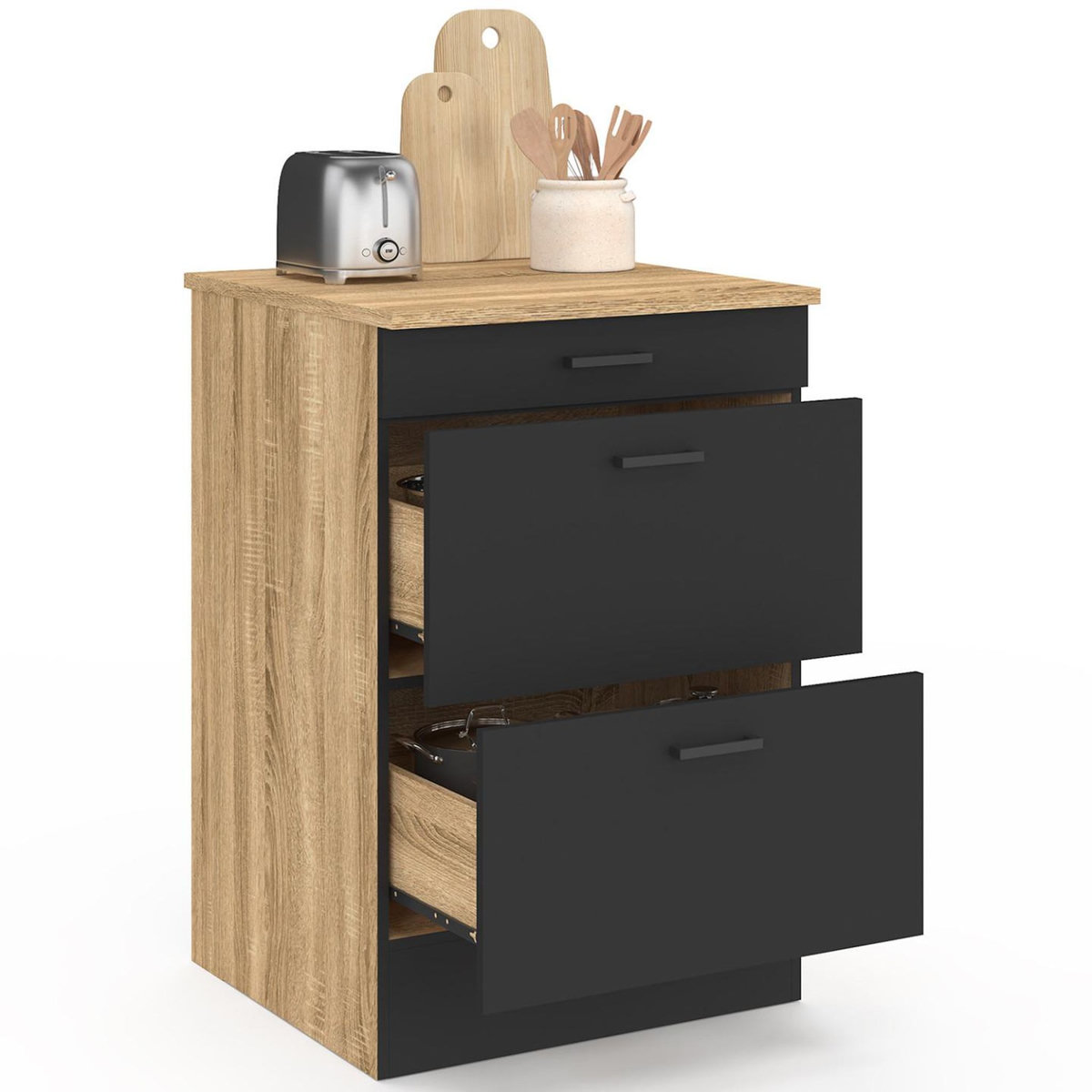 ID MARKET Meuble bas de cuisine 60 cm SUBTIL appoint casserolier 3 tiroirs bois et noir
