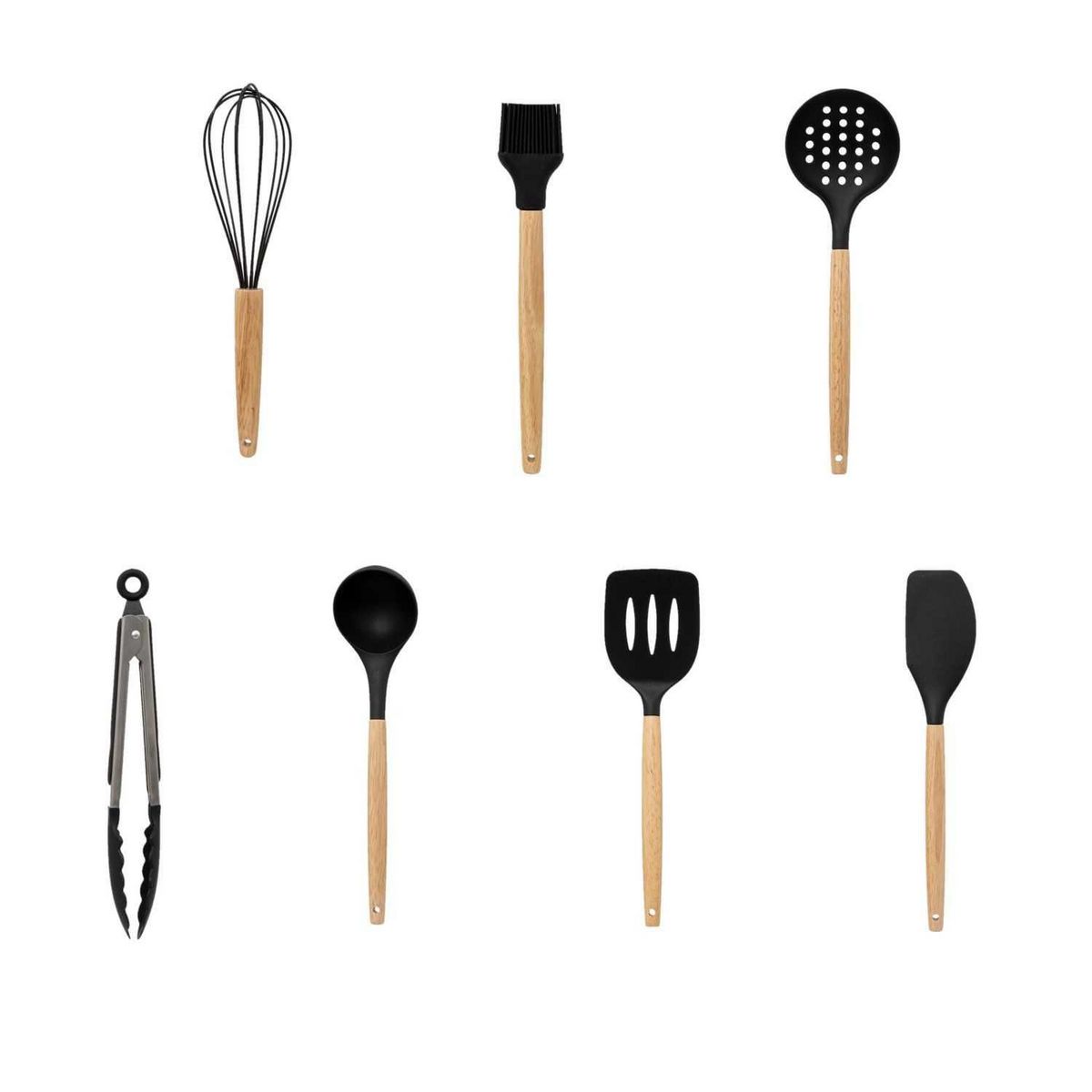 FIVE Lot de 7 ustensiles manche bois avec pot - Noir