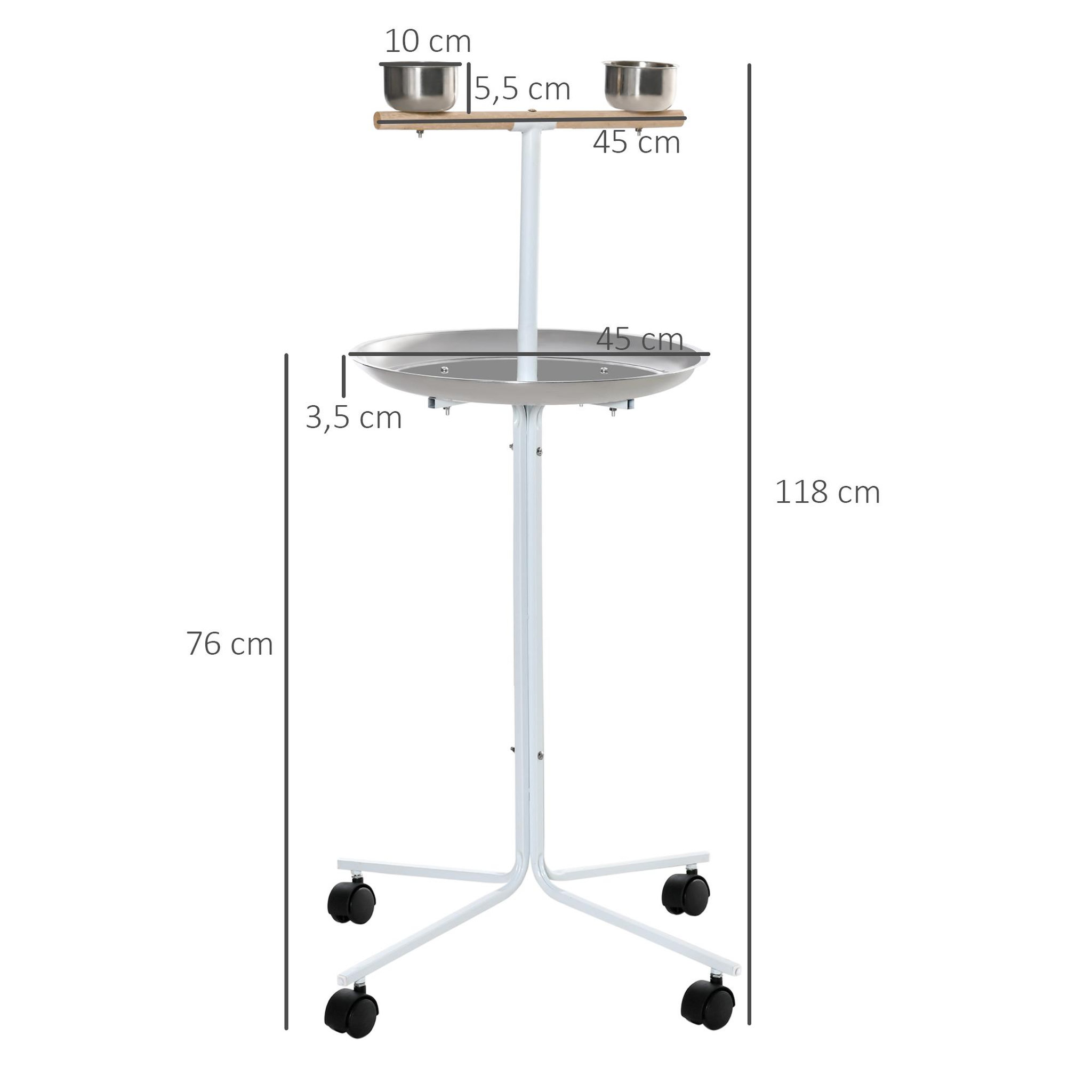 Voir la diapositive 3 : PAWHUT Perchoir sur pied pour perroquets, grandes perruches - 4 roulettes - 2 mangeoires et plateau inox, perchoir - métal blanc