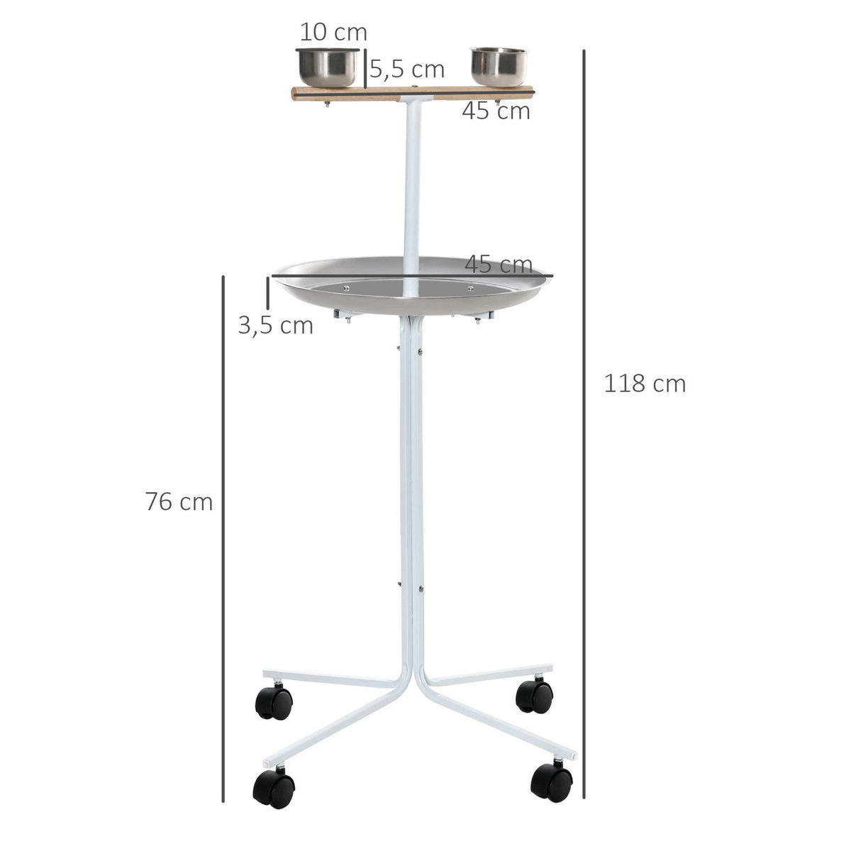 PAWHUT Perchoir sur pied pour perroquets, grandes perruches - 4 roulettes - 2 mangeoires et plateau inox, perchoir - métal blanc
